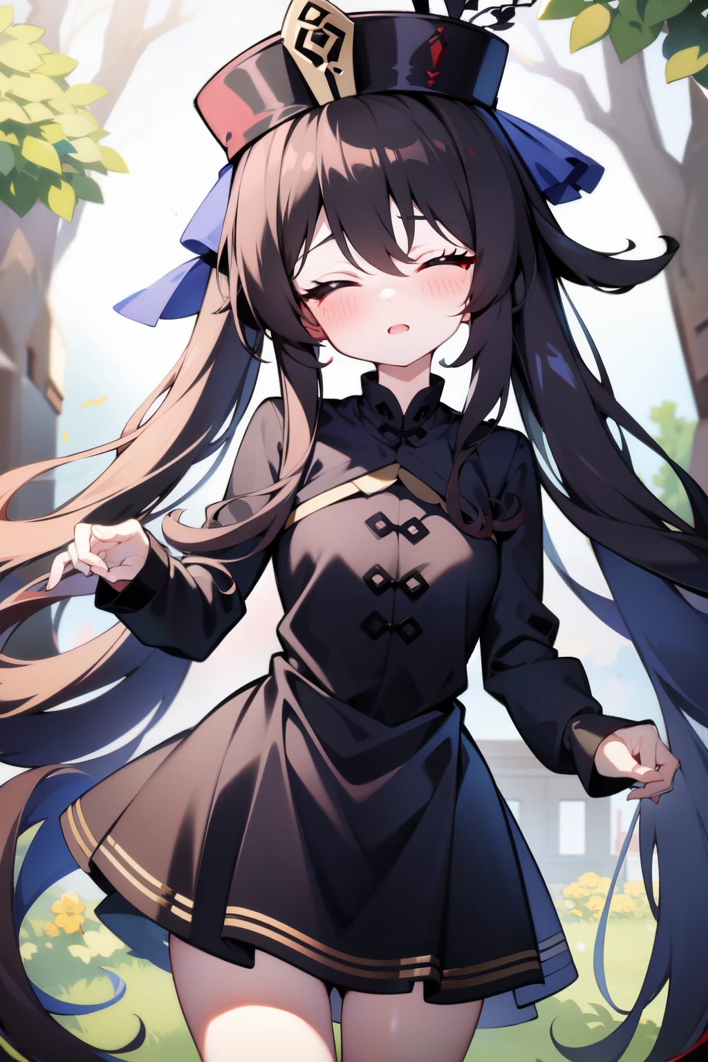 1girll,HuTao,Masterpiece,Best quality,Black tiara,dress,Hats,outside,ln the forest