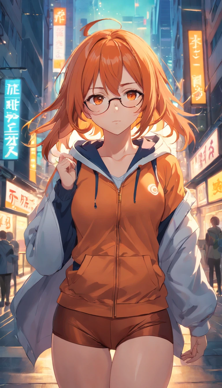 ​masterpiece、top-quality、Movie stills、1 female、Orange hair、Colossal tits、Huge ass、Fitting black leggings suit、yellow  eyes、thick thighs、Long wavy hair、wide hips、Thigh muscles、Strong thighs、White hoodie 、(Spark:0.7)、eye glass
