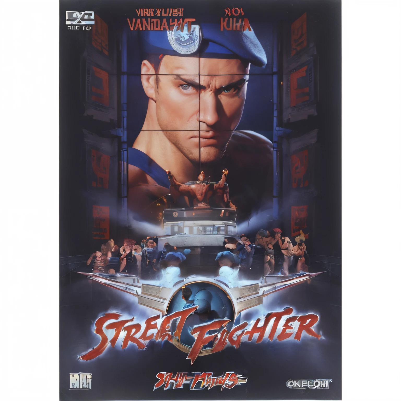 Close-up of a movie poster featuring a man wearing a blue hat, street fighter, Street Fighter movie poster, of virtua figther, Street Fight, Bandai Box Art. Realistic, fighting game, Fighter, Street Fighter IV, capcom, Bandai Box Art, king of fighters style, chun li, Box Art PC, Japan VHS cover art, box art