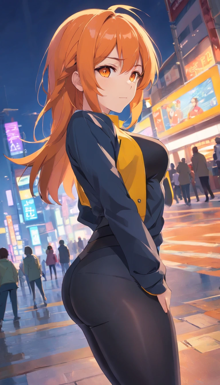 masterpiece、top-quality、Movie stills、1 female、Orange hair、Colossal tits、Huge ass、Fitting black full-body tights、yellow eyes、thick thighs、a short bob、wide hips、Thigh muscles、Strong thighs、White hoodie 、(Spark:0.7)