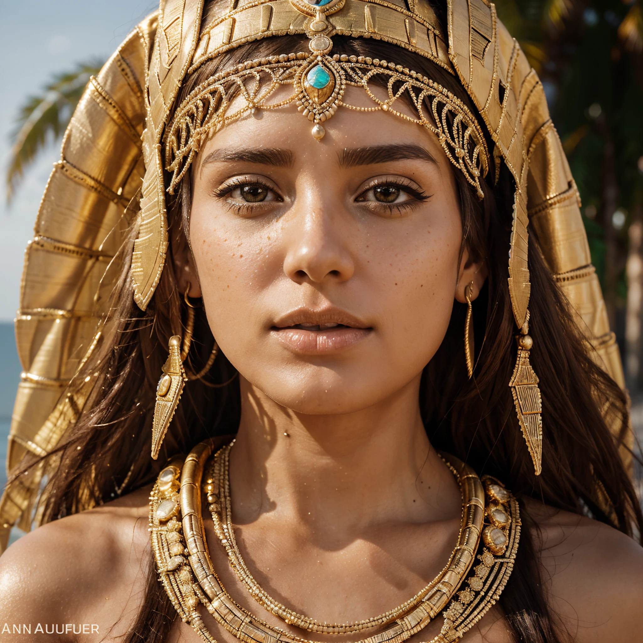 hyper realistic, ultra detailed photograph of a woman with in futuristic headwear inspired by an ancient Egypt queen, Cleopatra headwear, Egyptian Queen, long cut out dress in black with gold decorations, layers of lace, decorations snake, gold, silver, stones, scarab beetle, microchips, integrated electric circuits, brown skin, slim body, dark hair, Halle Berry look, golden jewelry, golden hour, warm sunlight fractal details, full body pose, sitting in the sand, (Anna Steinbauer:1.5), depth of field, HOF, hall of fame, detailed gorgeous face, model facing camera, beach with palm trees, orange sunset, orange sun, tropical beach, professional photographer, captured with professional DSLR camera, ultra detailed, ultra accurate detailed, bokeh, cinematic, intricate, epic, freckles, peach fuzz, detailed mascara,
