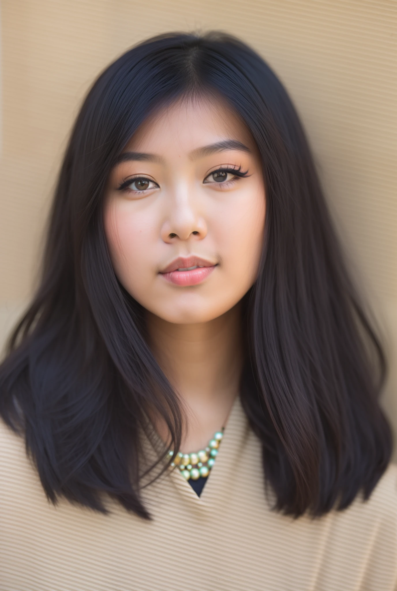 Beaded Asian woman with long black hair and a necklace, south east asian with round face, a young asian woman, young asian woman, young cute wan asian face, Retrato en primer plano, detailed face of a asian girl, Retrato de 60 mm, Primer plano de la cabeza, Mai Anh Tran, 7 Retrato de 0 mm, Asian face, young asian woman, headshot photograph