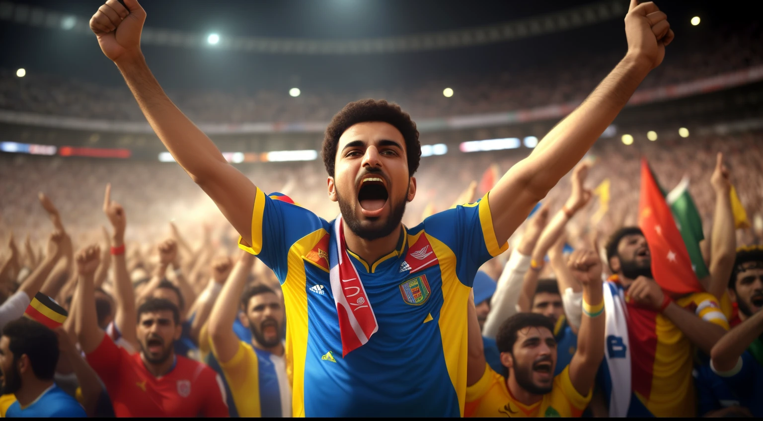 Arafat celebrates a football match with his team in the background, Cheering crowds, Crowds, Vibrant atmosphere, Cheering, Rally cheers, The atmosphere is cheerful, Best on Adobe shares, Delightful atmosphere, in the world Cup, intense atmosphere, Very epic atmosphere, shutterstock, edited, The crowd cheers, Vibrant and powerful, Celebration, Excited crowd, discrimination