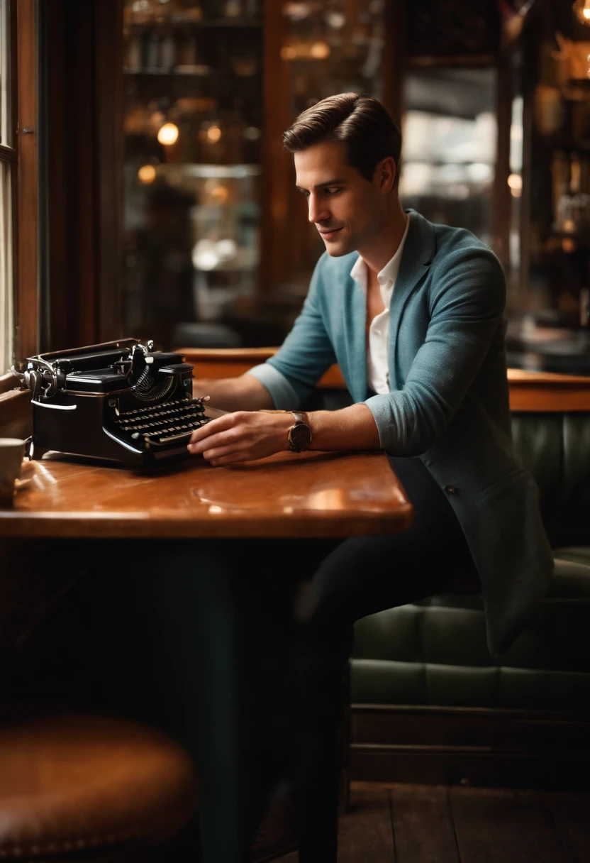 A photo of Spiegel, man, sitting in a cozy coffee shop corner with a vintage typewriter,original,Evan Spiegel, white male, short brown hair, cleft chin