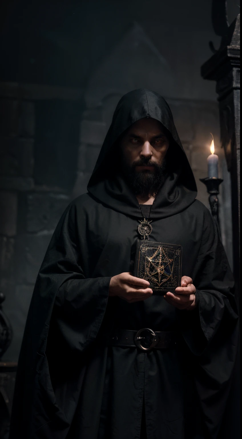 best quality,4k,8k,highres,masterpiece:1.2,ultra-detailed,realistic:1.37,Saint Cyprian the legitimate Black Cover,hooded figure,dark and mysterious,ancient manuscripts,demonic rituals,detailed depiction of spells and incantations,sinister atmosphere,candlelit room,glowing red eyes,dark magic and sorcery,metal chains and shackles,hidden symbols and sigils,mystical artifacts and objects,ominous presence,black cape billowing in the wind,mysterious fog and mist,eerie moonlight casting shadows,occult knowledge and secrets,enchanted book with glowing pages,dark energy pulsating,Pentagram symbol,cryptic incantations and invocations,strange whispers and whispers in the air,magical pentagrams and circles of protection,ominous chanting and ritualistic chanting,malicious intent,forbidden knowledge and forbidden arts,supernatural powers and abilities,evocation of spirits,dark sanctuary of mysticism and sorcery,macabre and unsettling,forbidden rituals and ceremonies,dagger of power and sacrifice,aurora borealis swirling in the sky,black feathered crow perched on a branch