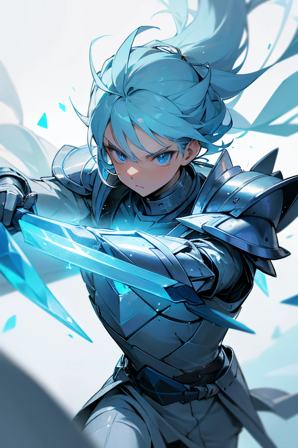 a man walking with a ice armor on with a ice blade with blue eyes detail face everyone is looking at him