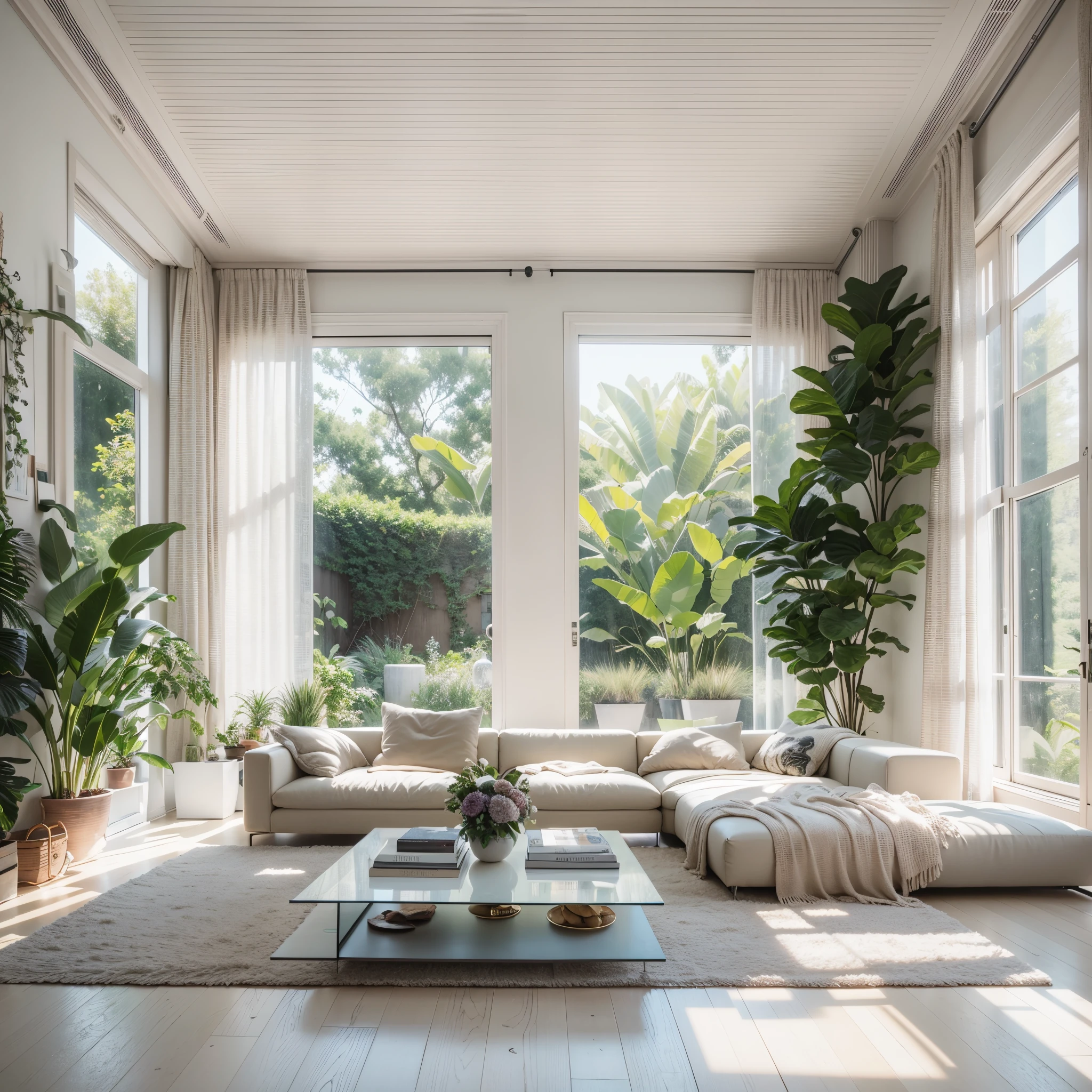 minimalist living room，Rare flowers and plants（1:0.05），sun's rays，No main light design，an award winning masterpiece，Incredible details Large windows，highly  detailed，Harper's Bazaar art，fashion magazine，fluency，Clear focus，8K，rendering by octane，