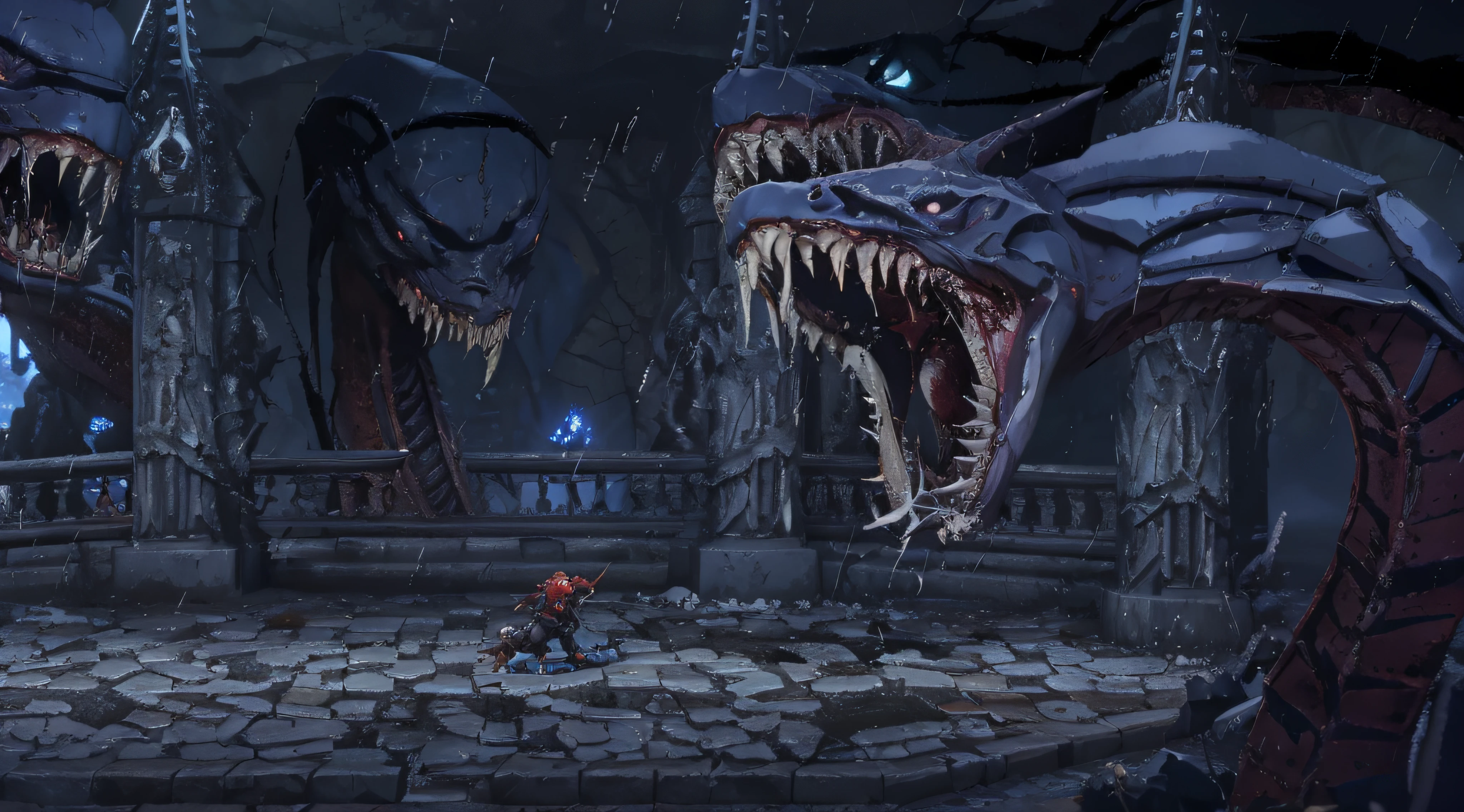 there are two big fish with sharp teeth in a cave, Castlevania Inspirado, Darksiders Estilo de Arte, arte detalhada do jogo, arte do jogo ultra detalhada, Metroidvania, Ultra Wide Gameplay Captura de tela, jogabilidade ainda, arte do jogo, Jogo de Scorn, menacingly!, captura de tela de jogabilidade, Arte do jogo 2D, blood moon tentacles!!, 2 D arte do jogo, Captura de tela do videogame