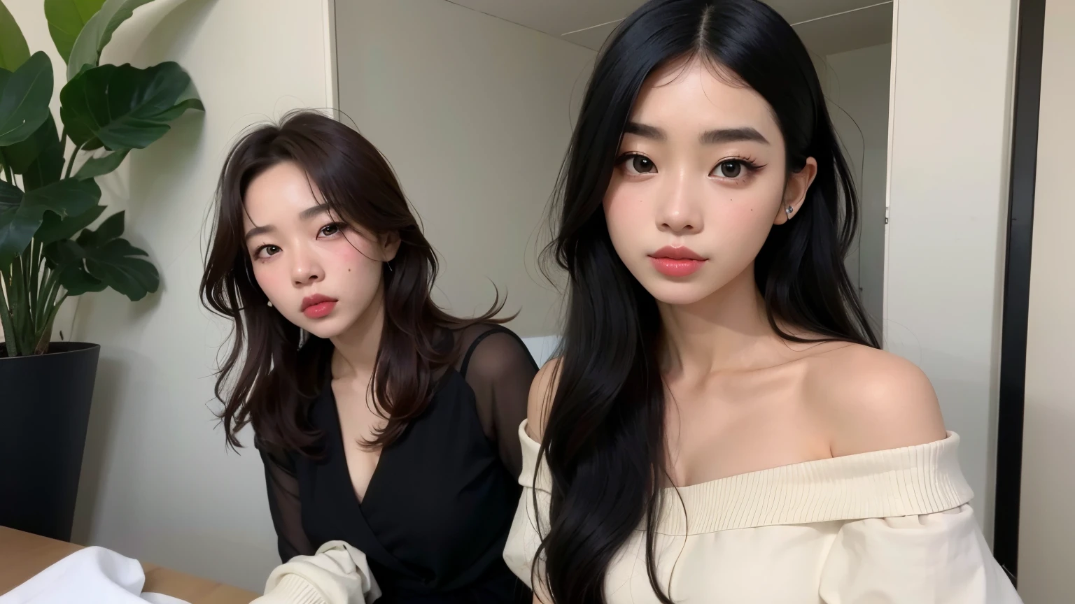 duas mulheres com cabelos pretos e batom vermelho posando para uma foto, com preto, maquiagem sul-coreana popular, Ulzzang, maquiagem coreana popular, Nixeu e Sakimichan, No estilo de arte de Bowater, Modelo IG | Artgerm, korean face features, inspirado em Wang Duo, estilo de arte realista, Arte no estilo de Guweiz