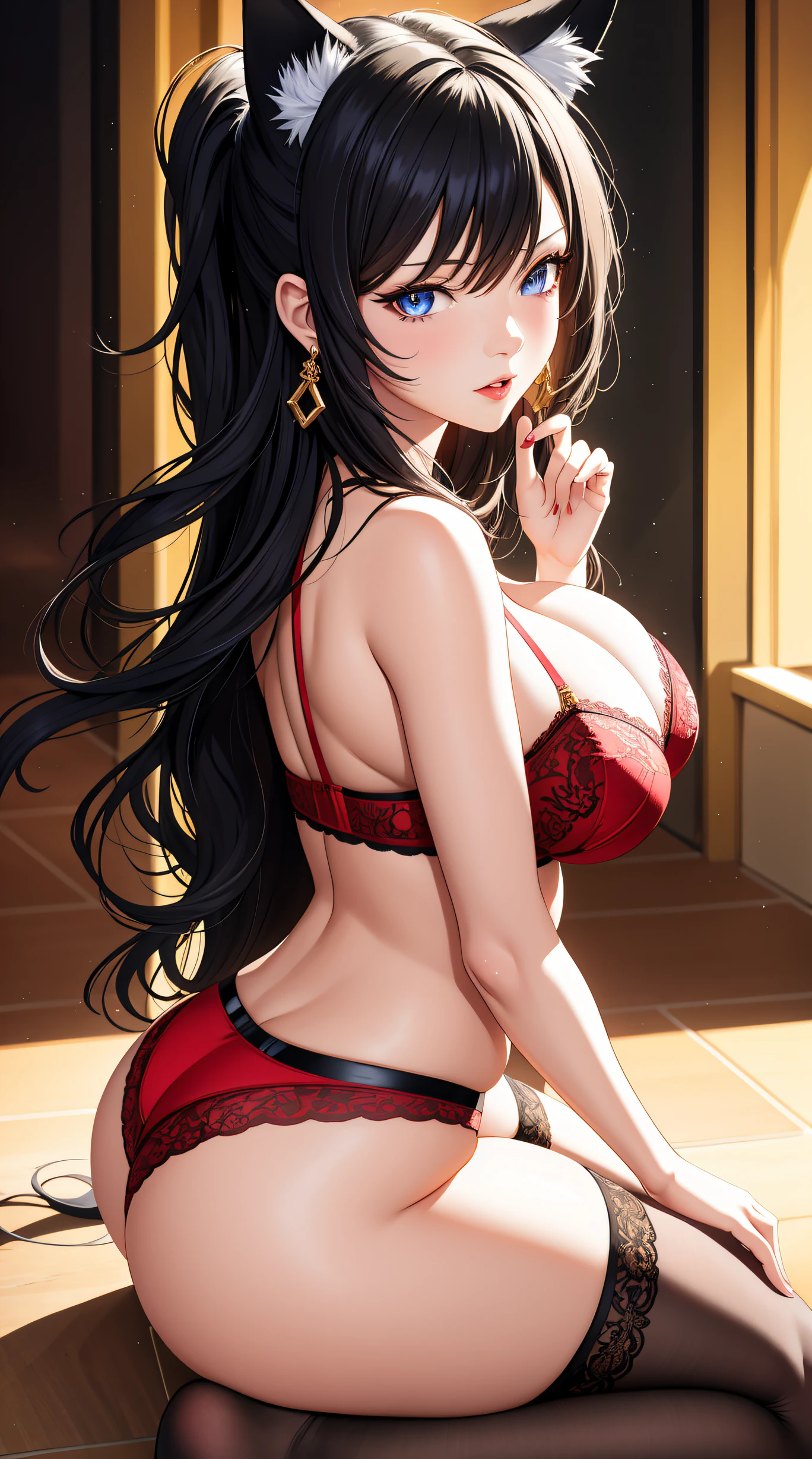 (best quality:1.5, highres, UHD, 4K, detailed lighting, shaders), black wavy hair, gradient hair, cat ears, large breasts,red bra with lace, t-shirt, big butt, big thighs, red longs socks with lace, red panties with lace, skirt, mature woman , (pov), white background, colorful eyeshadow, dramatic lighting, sparkling eyes, sensual expression, golden earrings, flowing hair, delicate facial features, soft skin, high cheekbones, urban setting, white background,