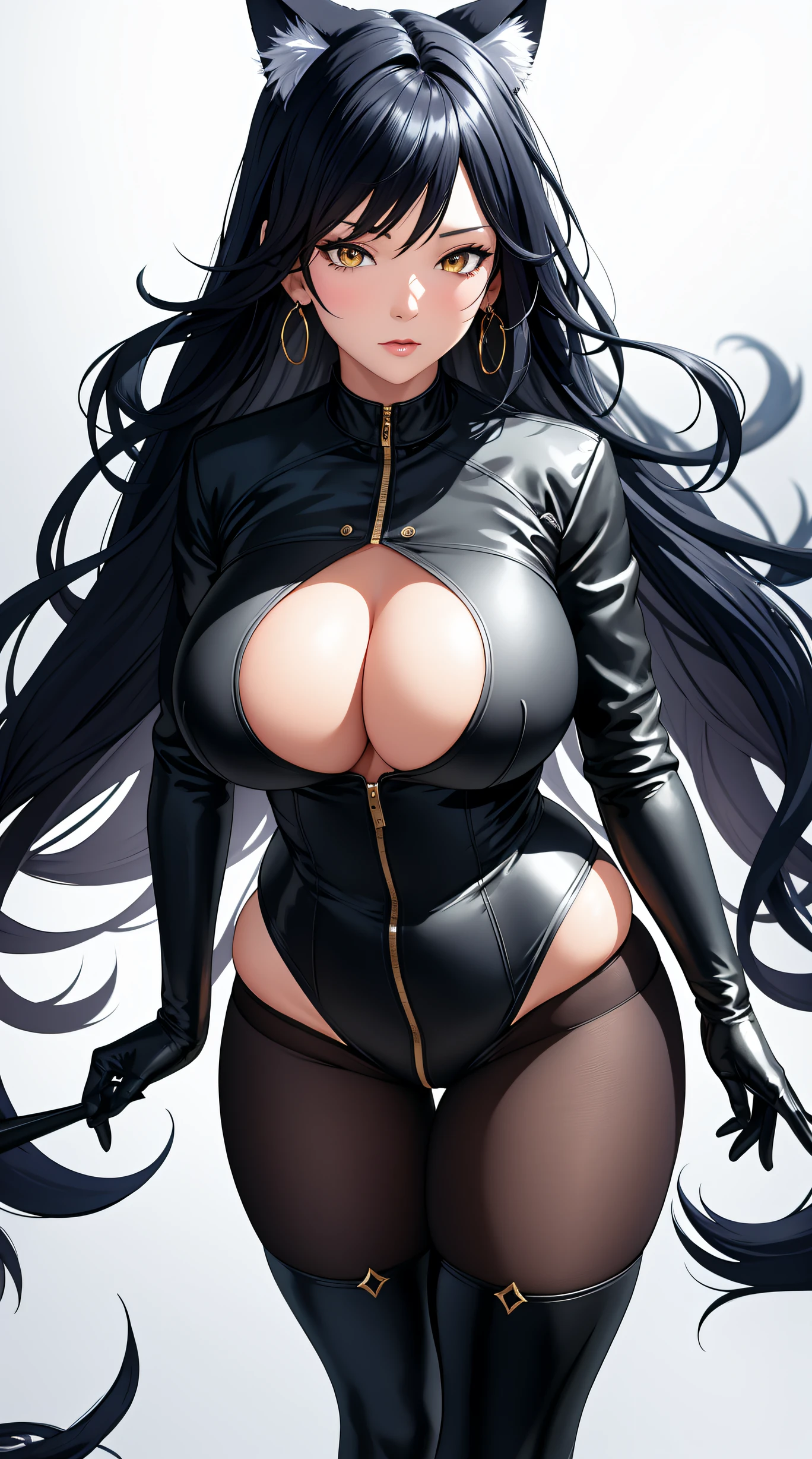 (best quality:1.5, highres, UHD, 4K, detailed lighting, shaders), black wavy hair, gradient hair, cat ears, large breasts,long coat, big butt, big thighs, mature woman , (pov), white background, colorful eyeshadow, dramatic lighting, sparkling eyes, sensual expression, golden earrings, flowing hair, delicate facial features, soft skin, high cheekbones, urban setting, white background,
