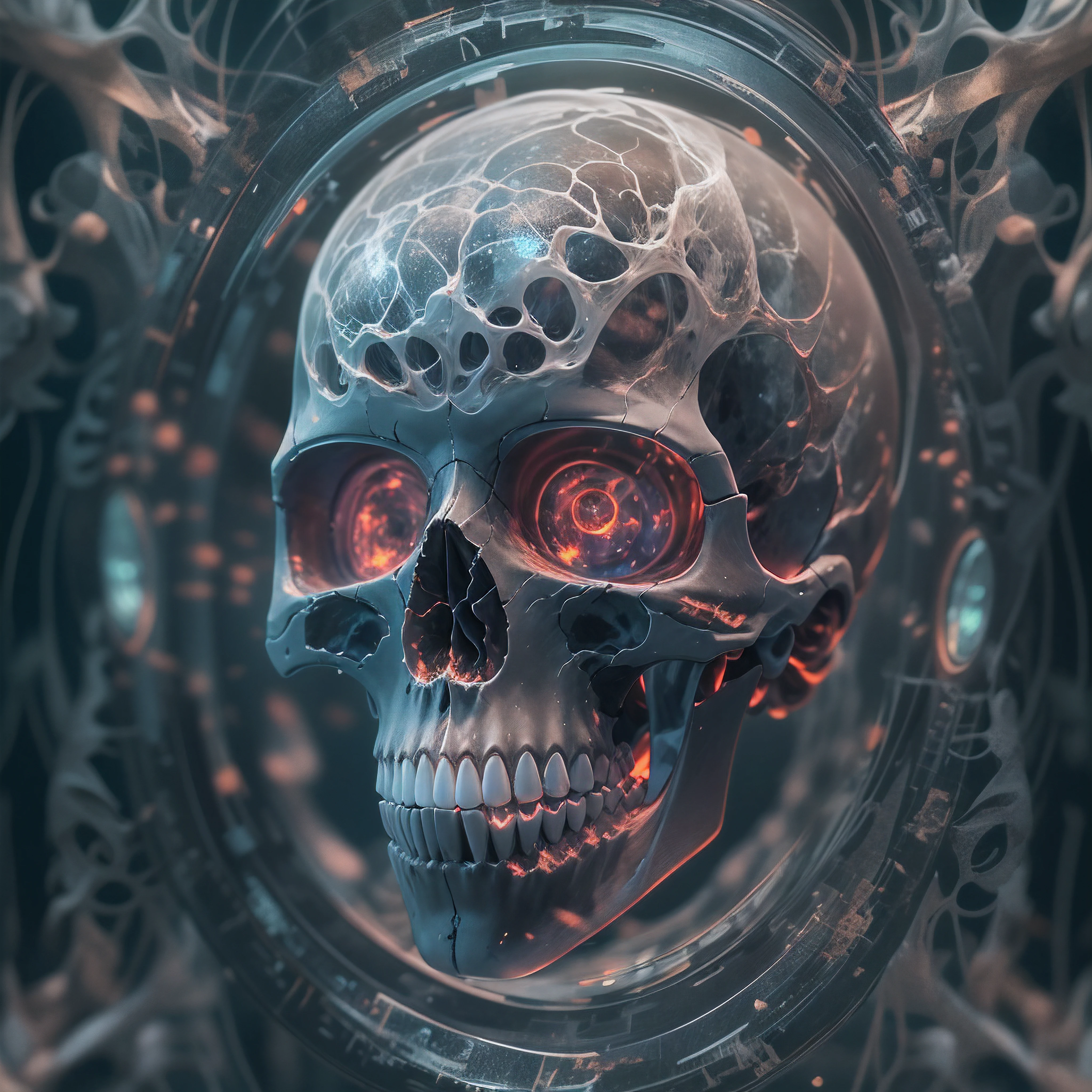 Detailed human skull with a translucent shell, showcasing an intricate miniaturized spirit sitting on the forefront of the brain, gazing out through the eyes. The spirit's view reveals the inner circle within the skull, with visual echoes wrapping around the sides. Cinematic lighting highlights the ethereal nature of the scene. Rendered in high resolution 8k