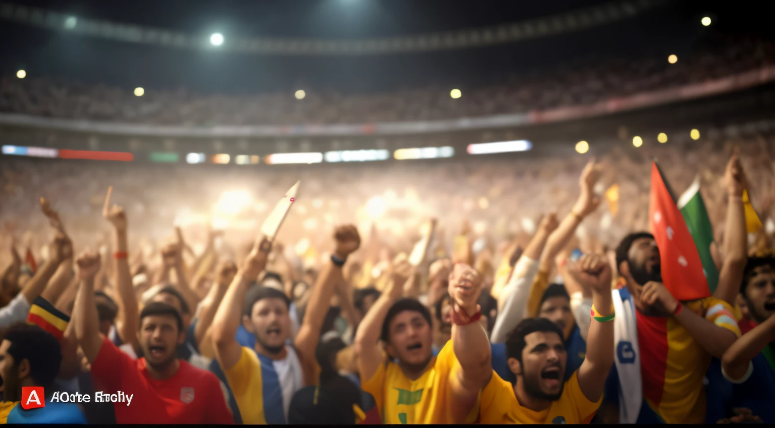arafed image of a crowd of people cheering and raising their hands, cheering crowds, cheering crowd, crowd cheering, the crowd is cheering, very epic atmosphere, intense atmosphere, the atmosphere is cheerful, vibrant atmosphere, enthusiastic crowd, cheering, stadium full of people, at the world cup, real atmosphere, epic atmosphere, rich atmosphere, epic stunning atmosphere
