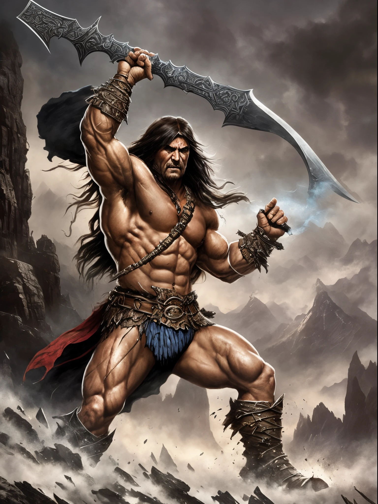 "Enter a world of epic battles and fierce warriors with this unique prompt. Imagine a barbarian in the style of Conan the Barbarian, illustrated by the legendary Frank Frazetta. See the towering figure, ready to strike with his sword, against a backdrop of a smoking mountain, dark trees, and an ominous sky." --auto --s2