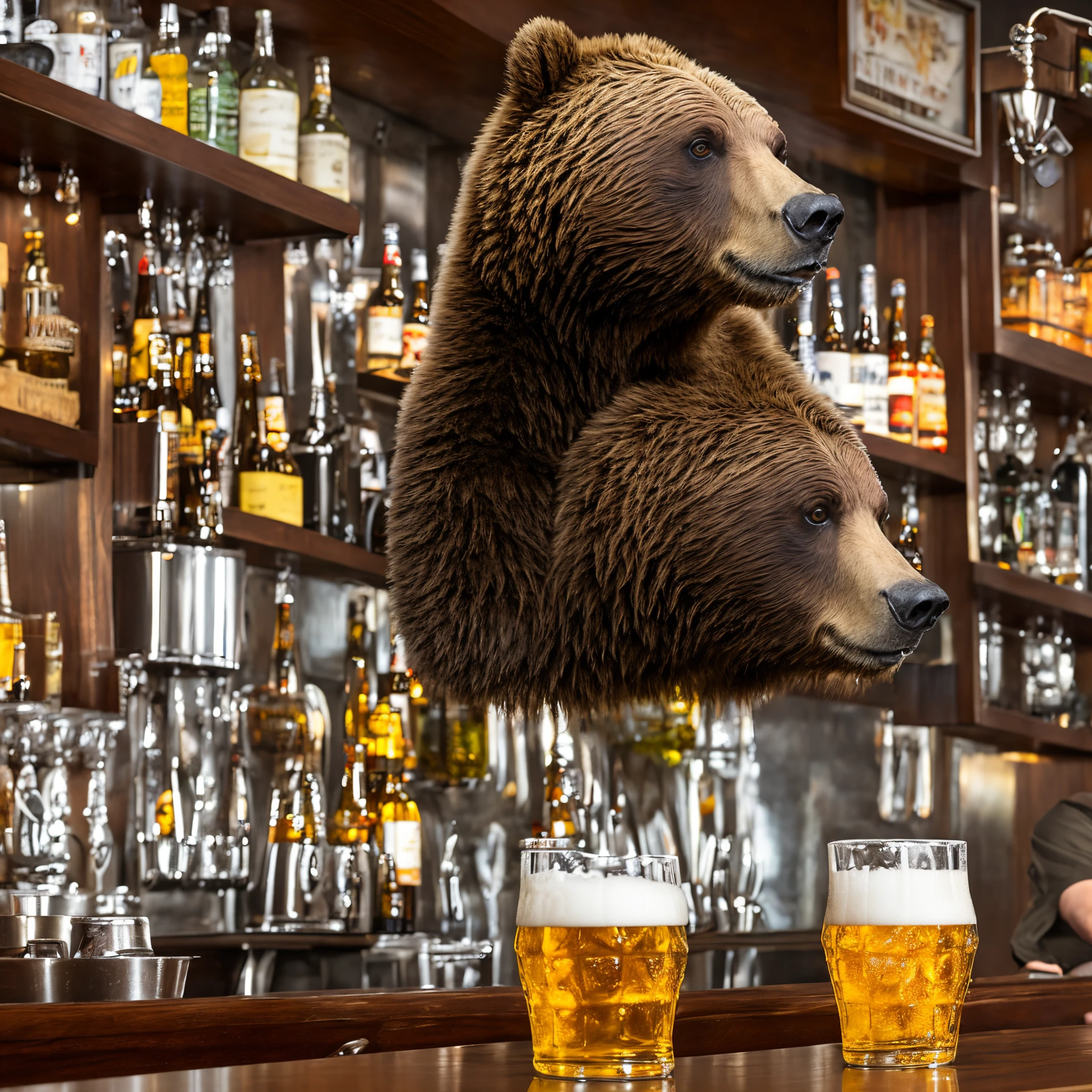 A grizzly bear sitting at a bar drinking a tall beer