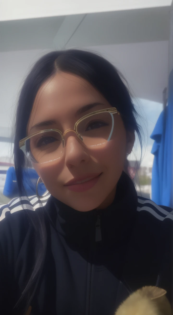 hay una mujer con gafas y chaqueta posando para una foto, imagen de muy muy muy baja calidad, imagen frontal, imagen borrosa, con gafas puestas, con gafas, 18 years old, Imagen de la cara, foto realista, 19 year old girl, alanis guillen, 8k selfie photograph, photo of the girl, Anteojos, Chica con gafas