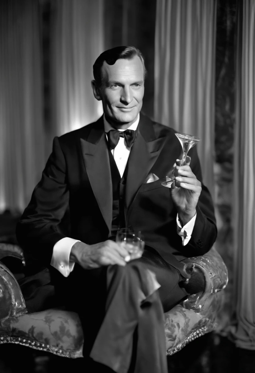 A photo of a glamorous party scene,original,Hugh Hefner, the founder of Playboy magazine, was known for his distinctive appearance: often clad in luxurious silk pajamas or a smoking jacket, paired with a sailor’s cap or a smoking pipe, projecting an image of casual opulence. He maintained a well-groomed look with his hair neatly combed back, and later in life, he was recognized by his mature, yet charming demeanor.
