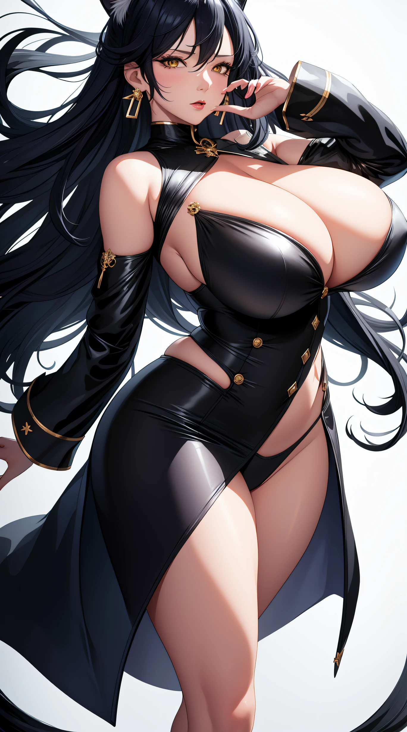 (best quality:1.5, highres, UHD, 4K, detailed lighting, shaders), black wavy hair, gradient hair, cat ears, large breasts,long coat, big butt, big thighs, mature woman , (pov), white background, colorful eyeshadow, dramatic lighting, sparkling eyes, sensual expression, golden earrings, flowing hair, delicate facial features, soft skin, high cheekbones, urban setting, white background,