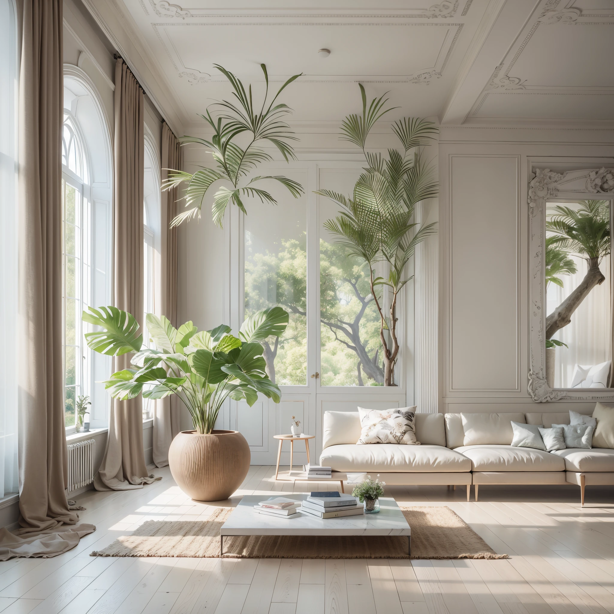 minimalist living room,Rare flowers and plants(1:0.05),sun's rays,No main light design,an award winning masterpiece,Incredible details Large windows,highly detailed,Harper's Bazaar art,fashion magazine,fluency,Clear focus,8K,rendering by octane,