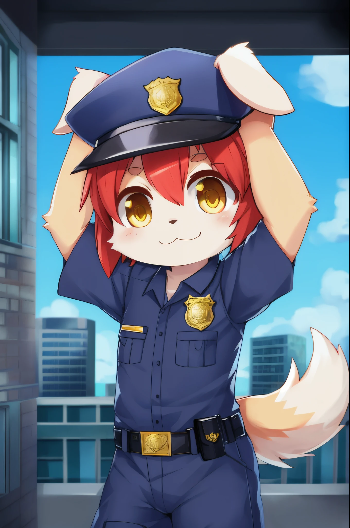 Furry shota, young, dog, yellow eyes, clear red hair, spiky hairstyle, two tone body fur, beige body fur, white body fur, floppy dog ears, dog tail, detailed body fur, detailed body, detailed face, detailed eyes, glistering body, shiny body, masterpiece, high quality, gorgeous body, police hat, police short shirt, police pants, :3, city, clear sky,