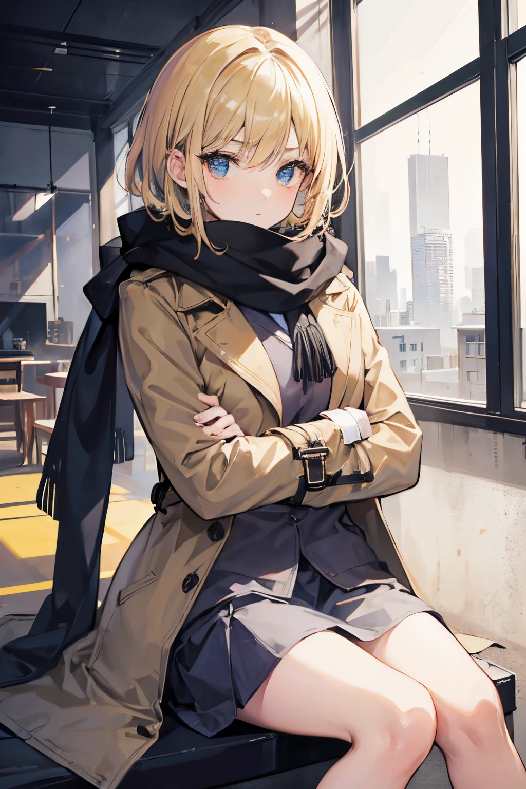 Masterpiece, 1 girl, solo, short blond hair, trench coat, scarf, sitting crossed legged, chillerism