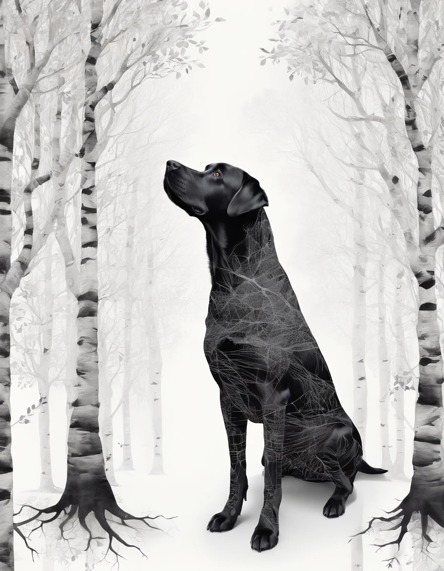 Ink drawing, vanishing point on white paper, seamless multiple exposure artwork that merges a volumetrically shaded silhouette of a black labrador with a birch tree, intricate details, mellow and melancholic composition that conveys longing, photo, illustration, poster, conceptual art