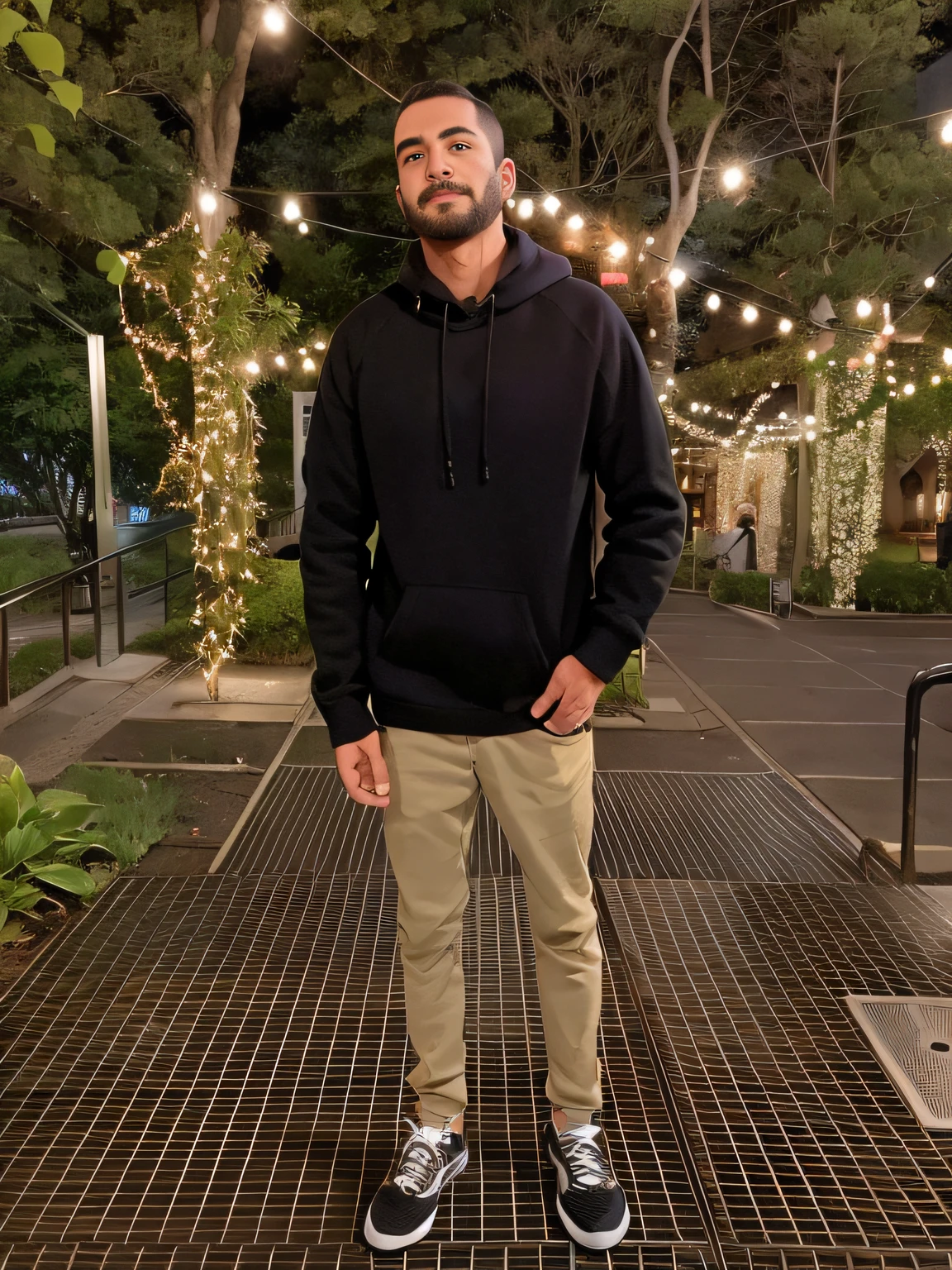 trimmed man with black hoodie and beige pants standing in a park, imagem de corpo inteiro, vestindo um pescador 🧥, full body photogenic shot, Altura total do corpo inteiro, full body profile camera shot, usando um capuz preto, foto de retrato de corpo inteiro, Capuz Bege, tiro de corpo inteiro!!, retrato de corpo inteiro, tiro longo de corpo inteiro, usando um capuz oversized
