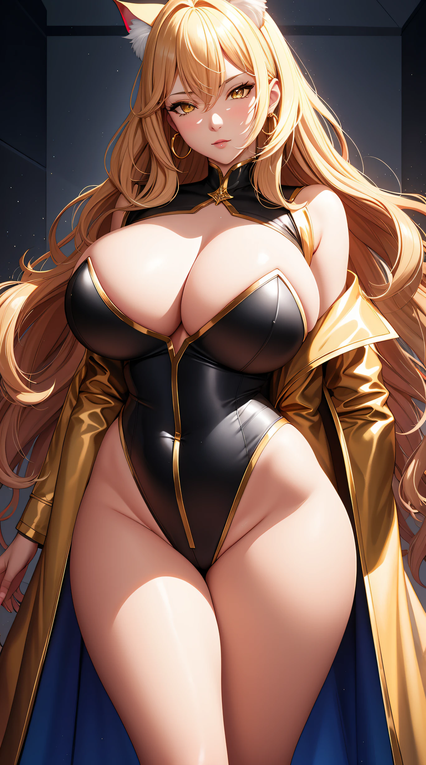 (best quality:1.5, highres, UHD, 4K, detailed lighting, shaders), bgold wavy hair, gradient hair, cat ears, large breasts, gold long coat, big butt, big thighs, mature woman , (pov), white background, colorful eyeshadow, dramatic lighting, sparkling eyes, sensual expression, golden earrings, flowing hair, delicate facial features, soft skin, high cheekbones, urban setting, white background,