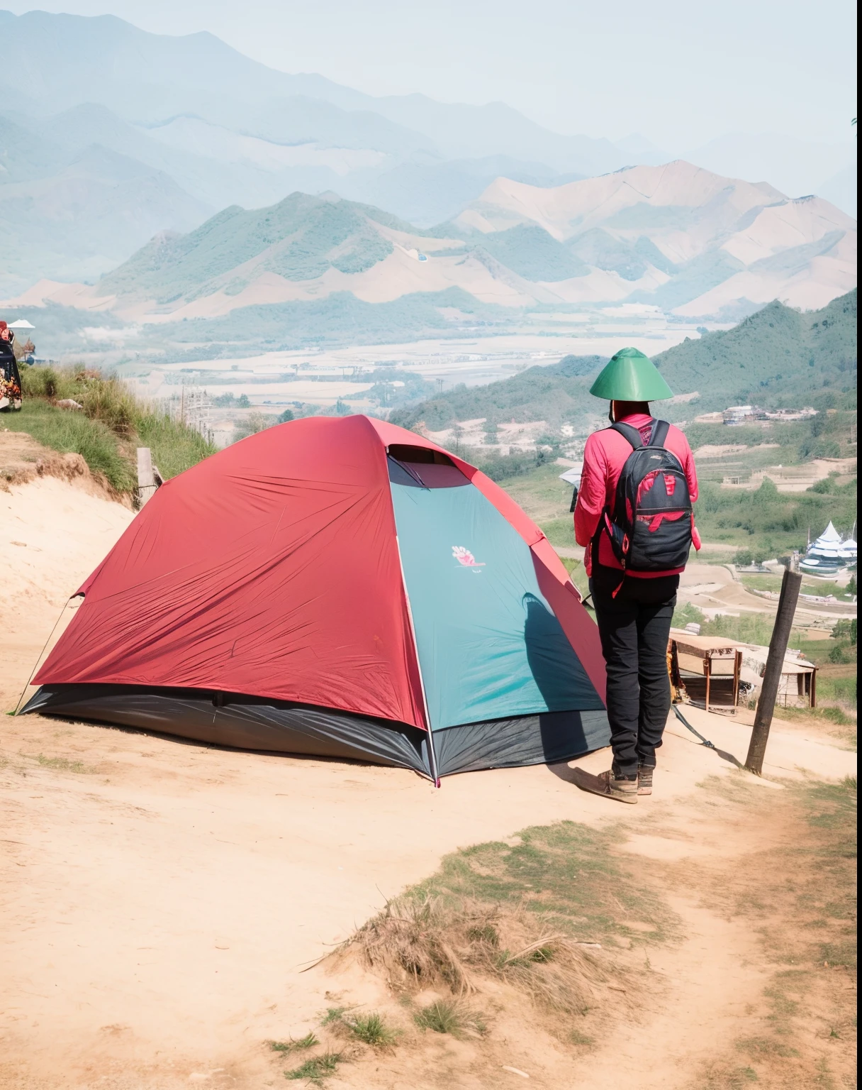 there is a woman standing next to a tent on a hill, tent, in a colorful tent, scenic full shot, you won't believe it, he is at camp, dzung phung dinh, never before seen, posing for camera, post grunge, leng jun, a wooden, never seen before, cliffside, impeccable military composure, ; wide shot