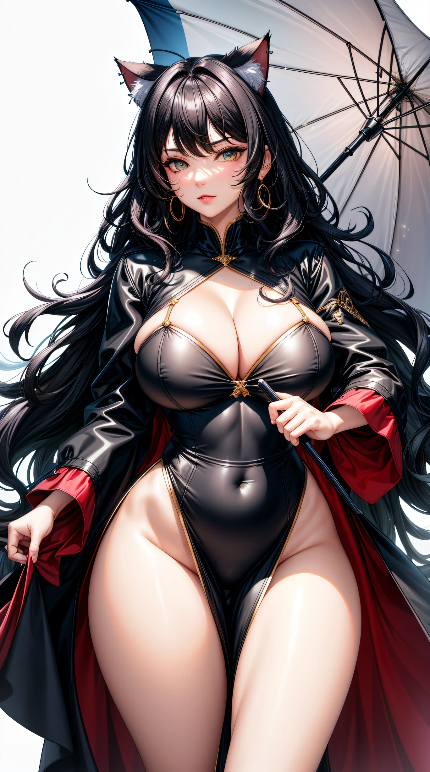 (best quality:1.5, highres, UHD, 4K, detailed lighting, shaders), black wavy hair, gradient hair, cat ears, large breasts,long coat, big butt, big thighs, mature woman , (pov), white background, colorful eyeshadow, dramatic lighting, sparkling eyes, sensual expression, golden earrings, flowing hair, delicate facial features, soft skin, high cheekbones, urban setting, white background, pose with umbrella