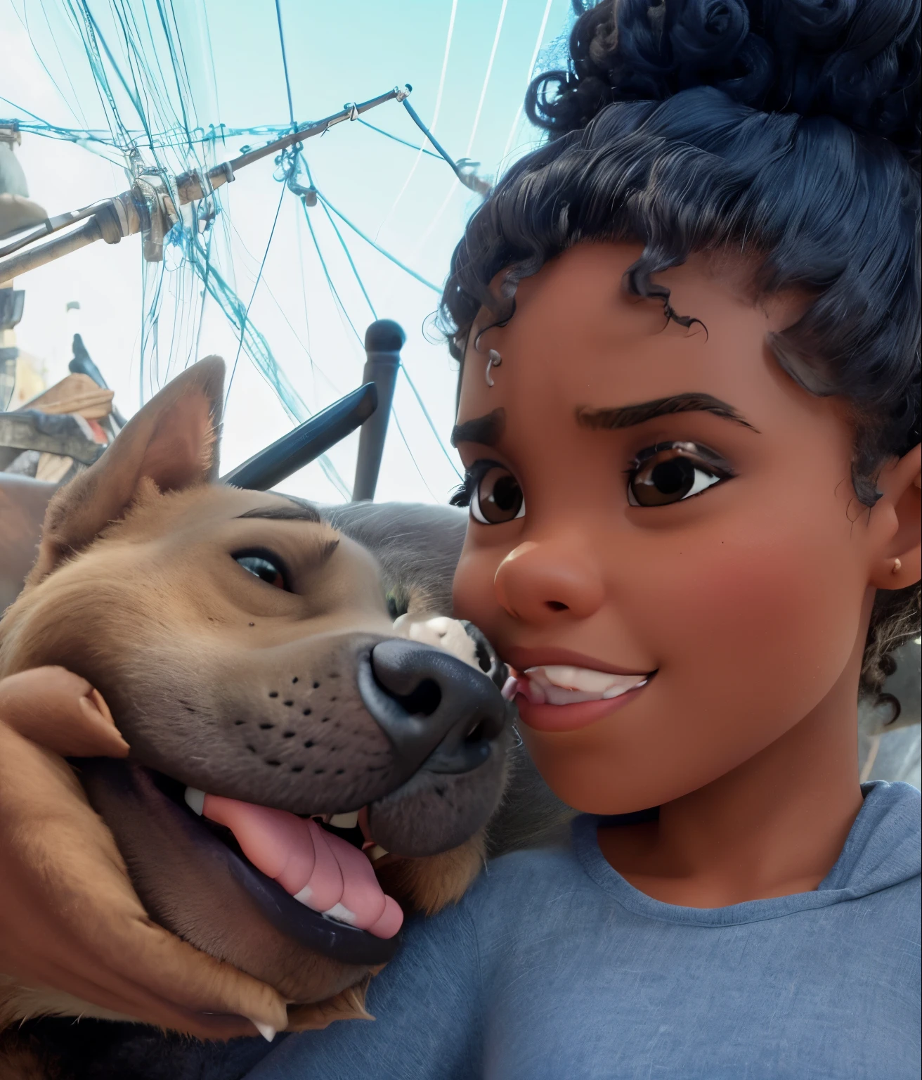 Capa de filme estilo Disney, uma preta com olhos castanhos, dark skin and curly hair who is hugging her Pitbull