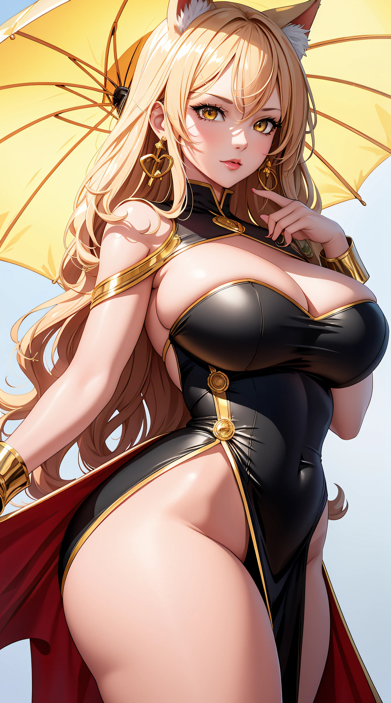 (best quality:1.5, highres, UHD, 4K, detailed lighting, shaders), gold wavy hair, gradient hair, cat ears, large breasts, gold long coat, big butt, big thighs, mature woman , (pov), white background, colorful eyeshadow, dramatic lighting, sparkling eyes, sensual expression, golden earrings, flowing hair, delicate facial features, soft skin, high cheekbones, urban setting, white background, pose with red umbrella