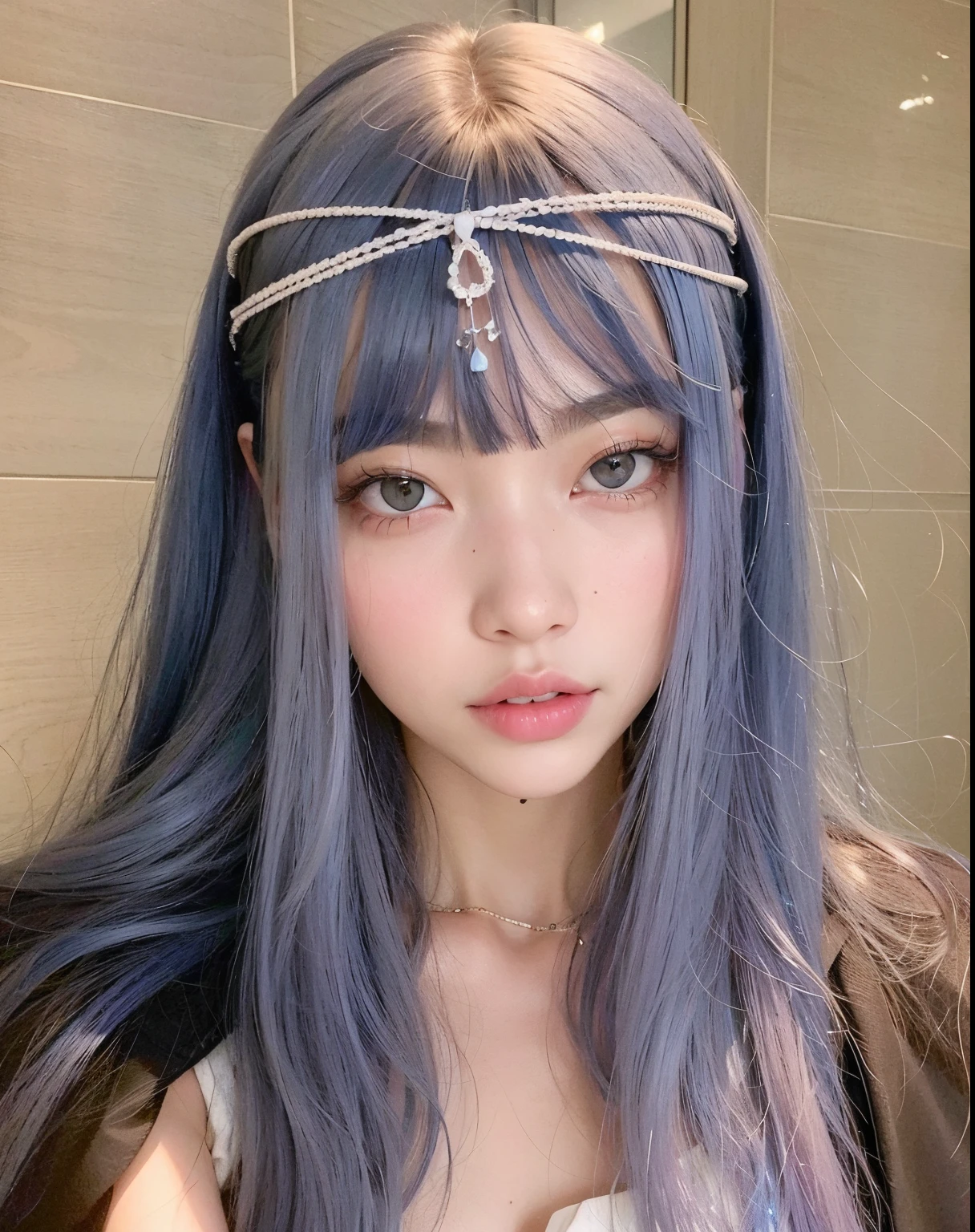 La mas alta calidad, piel y cabello detallados, un primer plano de una mujer con cabello largo y azul que llevaba una diadema, ulzzang, cruel korean goth girl, Peinado blanco de corte hime, Peinado azul, con cabello azul, El Corte Hime, con cabello largo y ojos penetrantes, con pelo largo blanco, Cabello liso azul cielo, Peinado kawaii, con flequillo completo, Cabello largo con flequillo completo, cabello azul largo y suelto