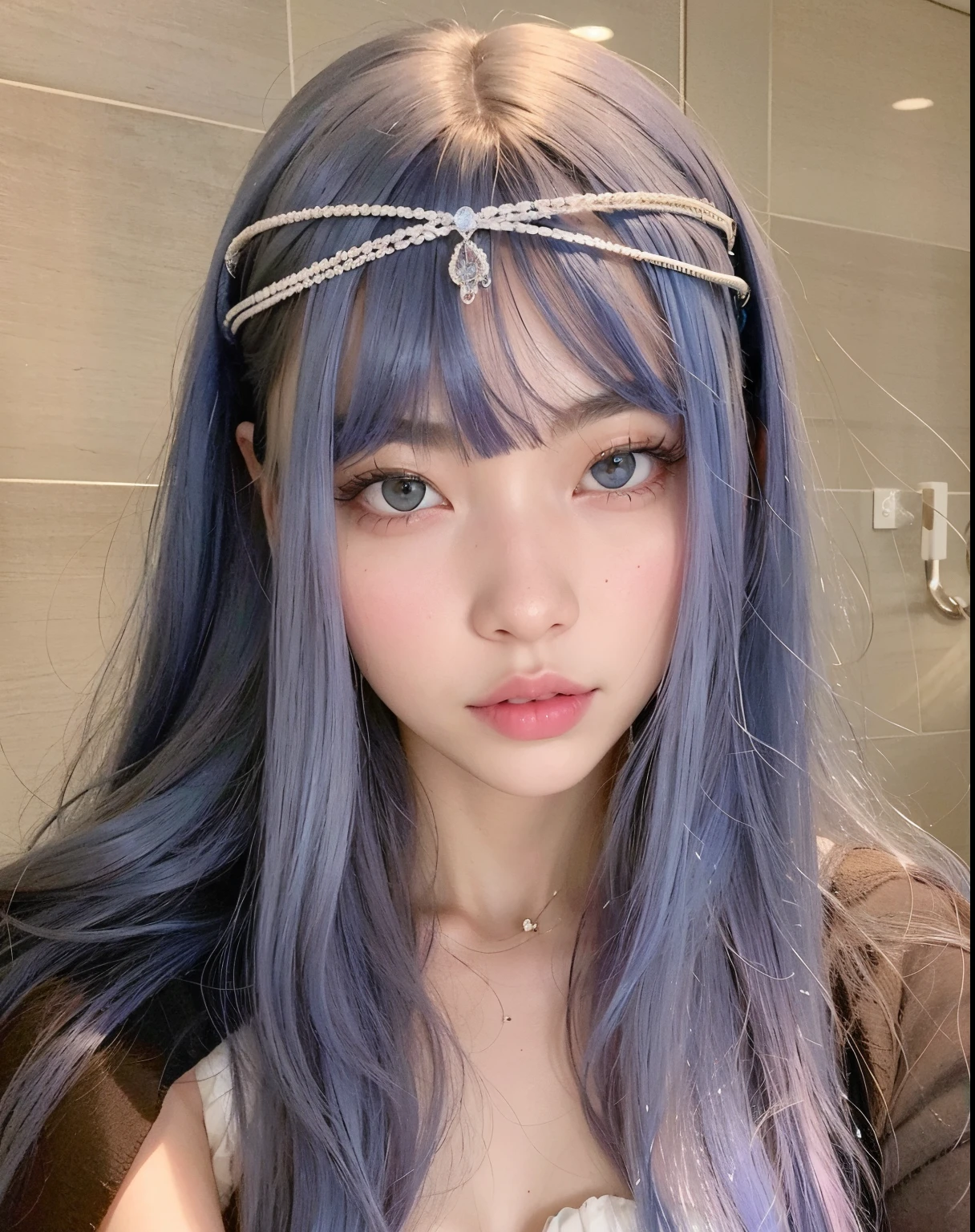 La mas alta calidad, piel y cabello detallados, un primer plano de una mujer con cabello largo y azul que llevaba una diadema, ulzzang, cruel korean goth girl, Peinado blanco de corte hime, Peinado azul, con cabello azul, El Corte Hime, con cabello largo y ojos penetrantes, con pelo largo blanco, Cabello liso azul cielo, Peinado kawaii, con flequillo completo, Cabello largo con flequillo completo, cabello azul largo y suelto