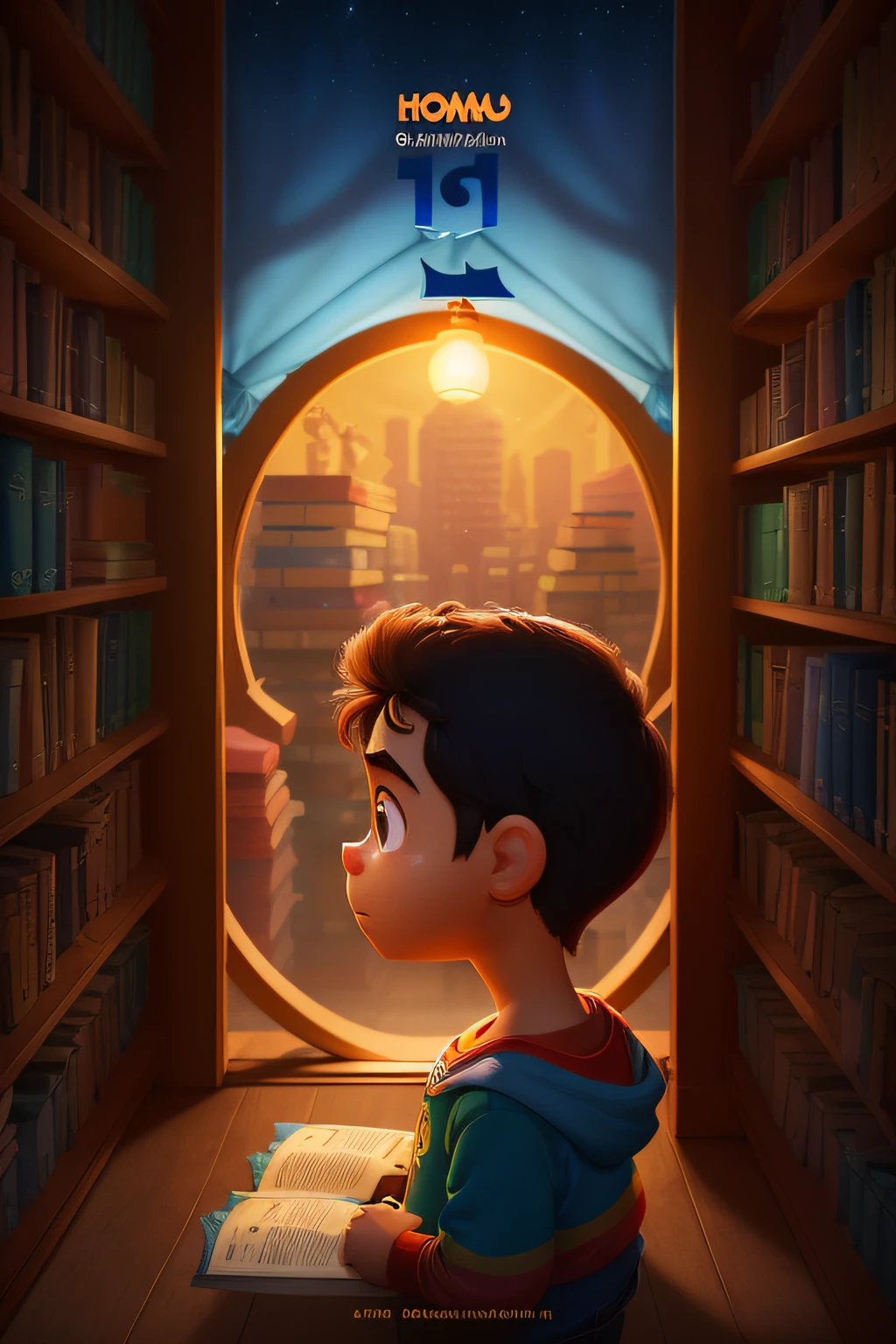 crie um poster no estilo Disney Pixar com o seguinte personagem: um homem com 43 anos, brasileiro, cabelo cortado nas laterais e em cima penteado para o lado,  sombra de barba, olhos castanhos escuros, lendo um livro em uma biblioteca