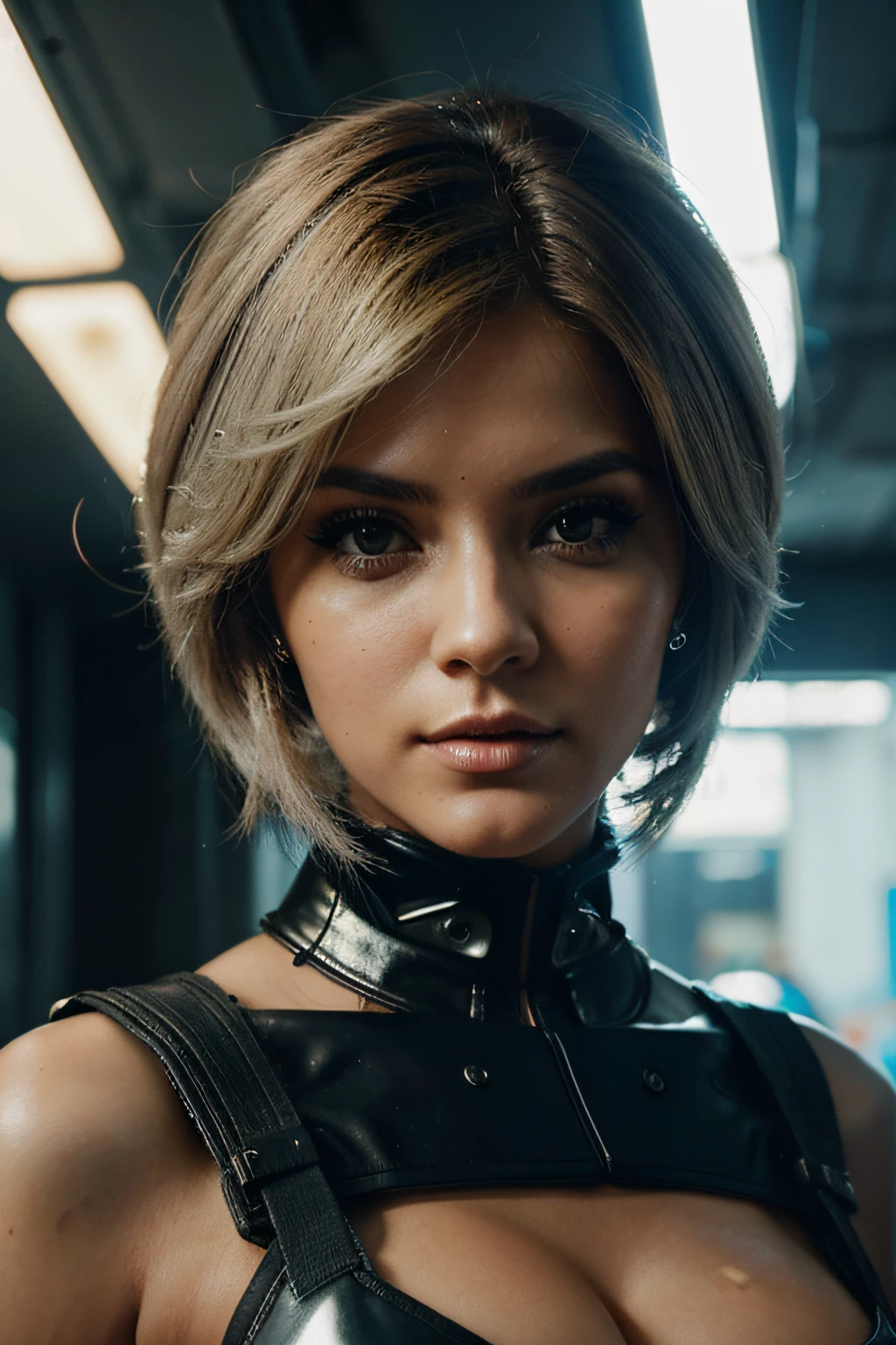 mulher loira bonita, cabelos loiros, olhos azuis, mulher estilo cyberpunk, alta tecnologia, futurista, imagem em alta qualidade