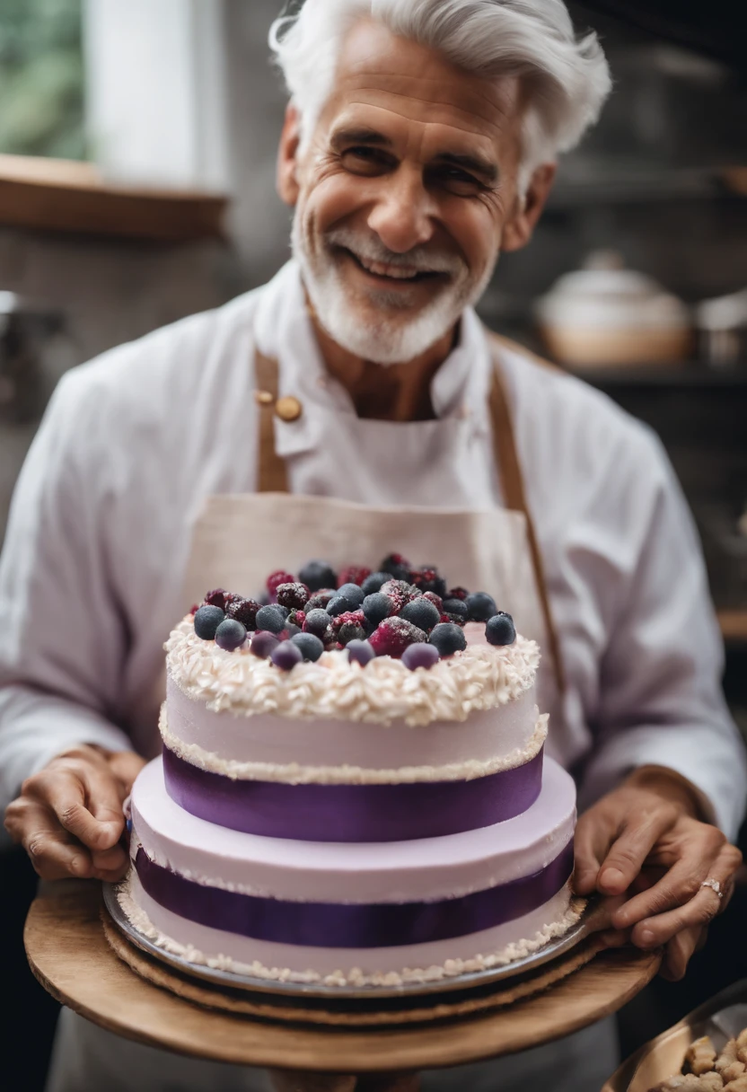A photo of the character baking a delicious cake with intricate decorations.,original,silver haired man with purple eyes, kind face, sweet smile, sharp features, late teens