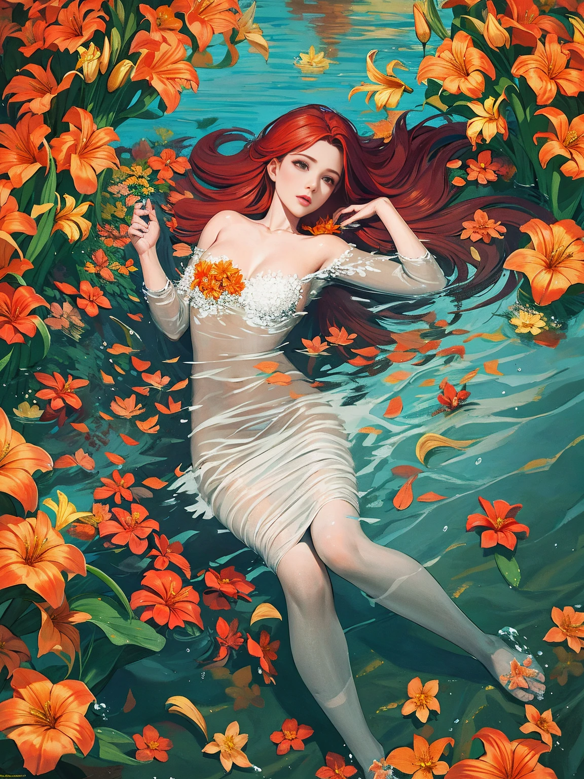 Girl underwater, long flowing red hair, Asas de Anjo, yellow and white orange lily flowers