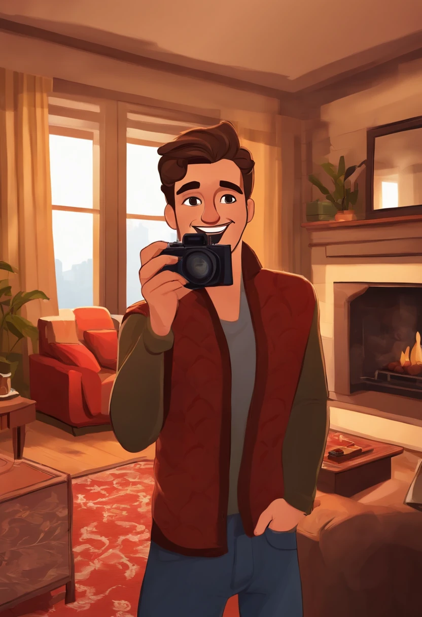 A selfie of the character holding a camera and smiling, with a cozy living room in the background.,original,He looks like your average everyday guy. He never wants to stand out in a crowd. He wants to look like everyone else. He is an average man.