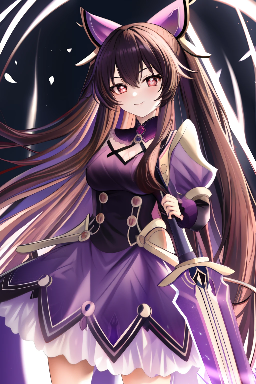 masterpiece, best quality, CG, wallpaper, HDR, high quality, high-definition, extremely detailed, tohkaastral, looking at viewer, smile, masterpiece,1girl,tohka_yatogami,astral_dress, 1girl, solo, weapon, armor, long hair, sword, brown hair, long hair, red eyes, two twintails, bangs, solo, flower shaped pupils, symbol shaped pupils, ghost, boo tao,