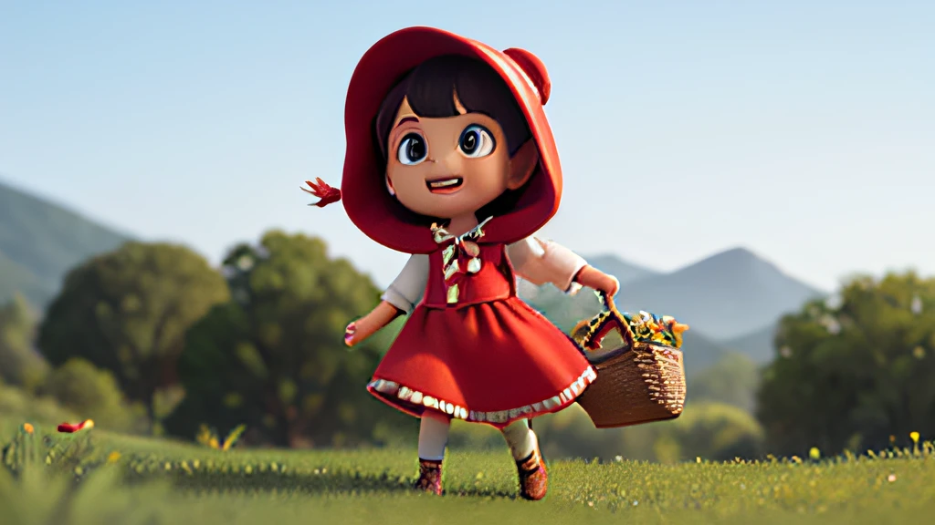 Personagem:
Describe Little Red Riding Hood standing, com um sorriso doce no rosto.
She must hold the basket of fresh fruit with one hand.
The red hat should be the highlight, com uma forma animada e expressiva.
Position and Facial Expression:
Little Hat should be in a friendly and confident pose.
Your eyes should convey curiosity and innocence.
Adicione um movimento sutil ao vestido para sugerir leveza.
Detalhes Animados:
Suggest a gentle movement in Chapéuzinho's hair, como se estivesse sendo levemente soprado pelo vento.
Animate the edges of the red hat, giving the feeling of floating.
Make the hat ribbons dance in the air, adding a playful touch.
Fundo Branco:
The background should be white to facilitate animation and highlight Little Red Riding Hood.
Add light shadows on the ground to give depth to the scene.
Options for Animation:
Consider creating variations of the image with different expressions to ease the transition at different points in the story.
Pense em movimentos simples, como acenar, piscar e sorrir, to bring the character to life during animation.
Dimensions:
The image must have dimensions that suit a high-quality animation in 16 format:9, with enough space around the character for fluid movement.