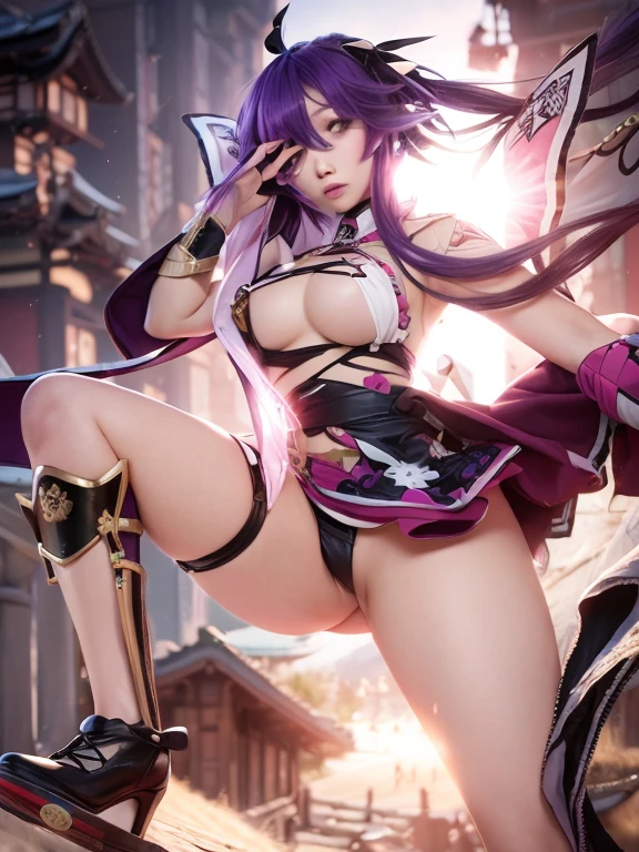 4K、Realistic Hairstyles、Purple hair、Samurai clothing、Transparent skirt、pink nipples、black transparent micro bikini、Manstreak、samurai boots、Japanese castle、Light shines in、put on an eyepatch