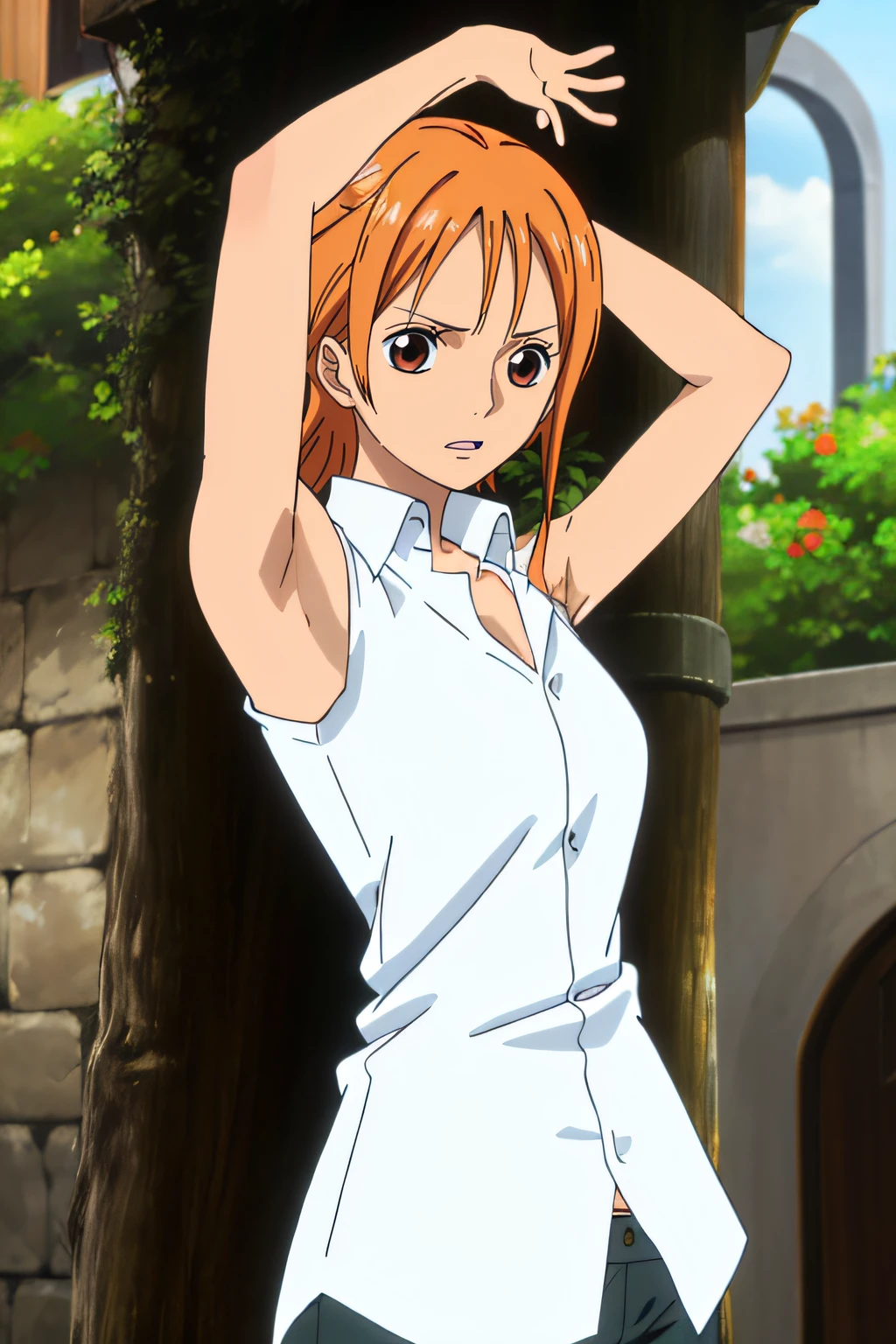 namiFin, , Sin pantalones, 1girl, solamente, camisa, colas gemelas, brown eyes, Camisa blanca, cabello naranja, Colas gemelas cortas, Mangas dobladas, armpits