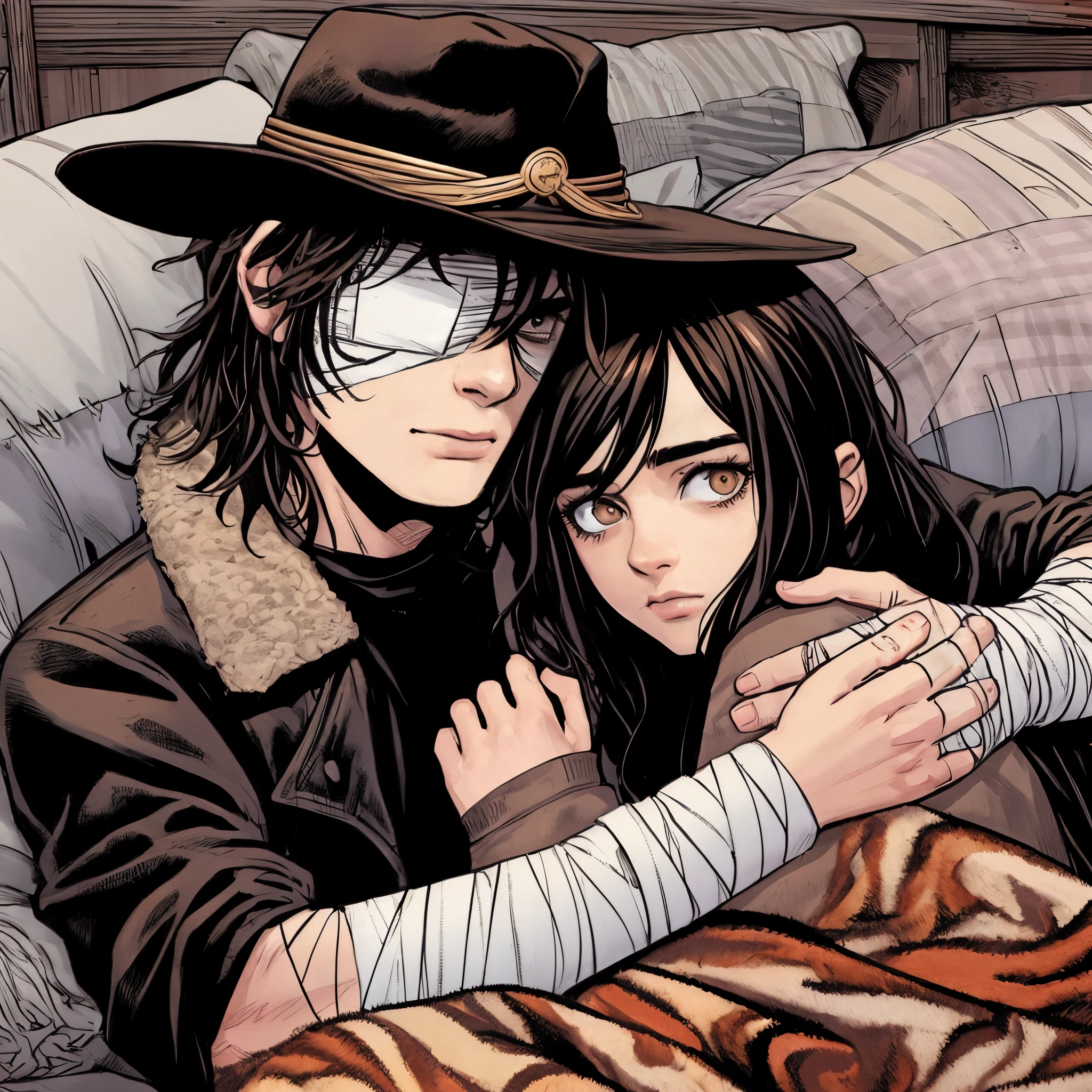 anime - style image of a couple hugging on a bed, hq artwork, hq very detailed, abigail larson, uhq scan, martin ansin, textless, detailed fanart, artgerm, comic cover art,