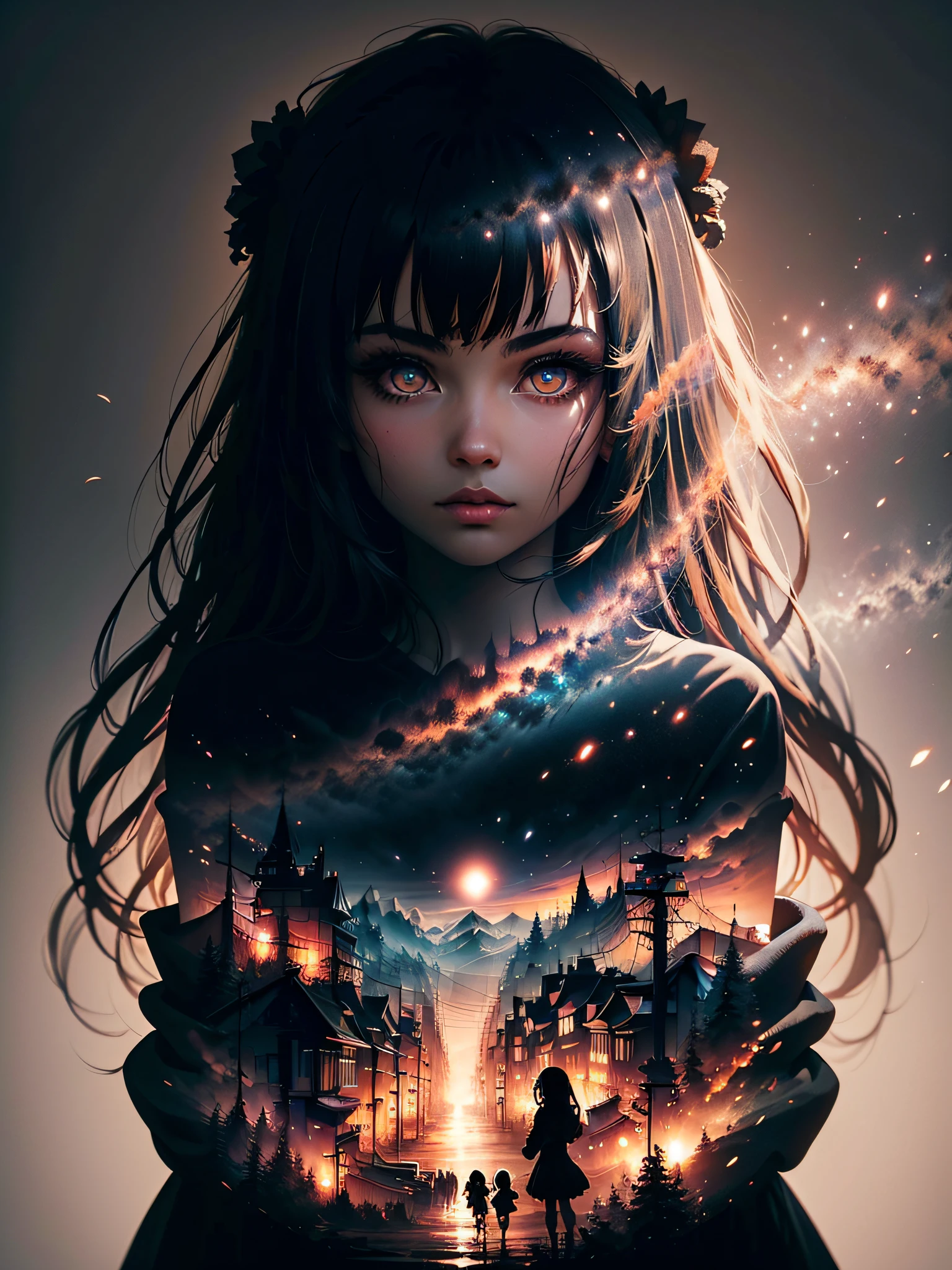 Double exposure style, A beautiful woman with long black hair who has become beautiful looking at the viewer, (Girl with short black hair as a child:1.3), (best composition), (masutepiece), (Best Quality), (ultra high detail)