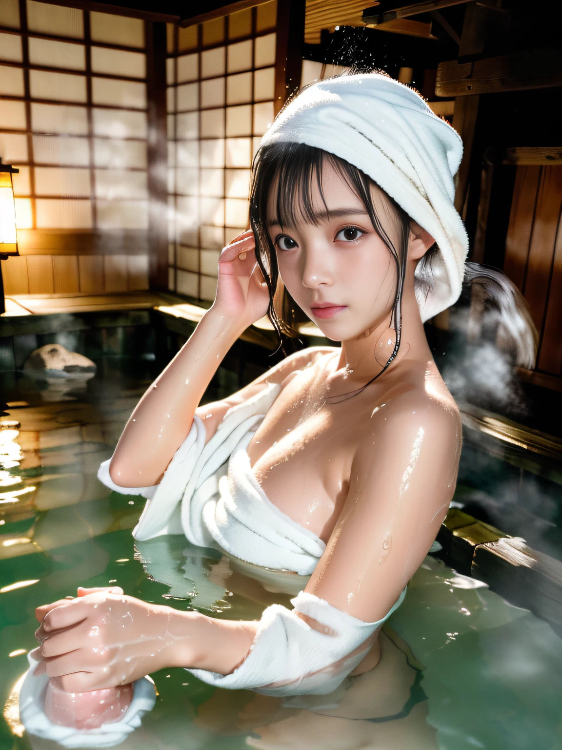 (masterpiece), (best quality:1.4), absurdres, [:intricate details:0.2], 1girl, (naked towel), (geyser, onsen:1.2), moist skin, (fog:1.2), mist, shiny skin, glossy skin, (partially submerged in the onsen:1.2), (wet hair:1.2), mist, wet, moisture,