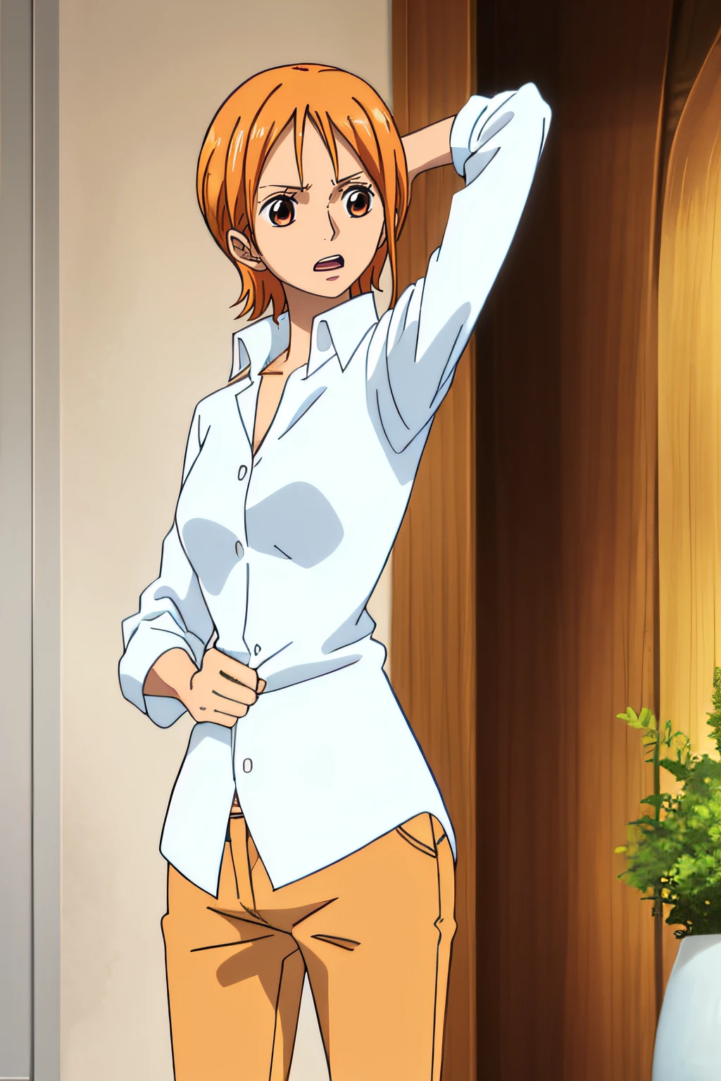 namiFin, , Sin pantalones, 1girl, solamente, camisa, colas gemelas, brown eyes, Camisa blanca, cabello naranja, Colas gemelas cortas, Mangas dobladas, armpits