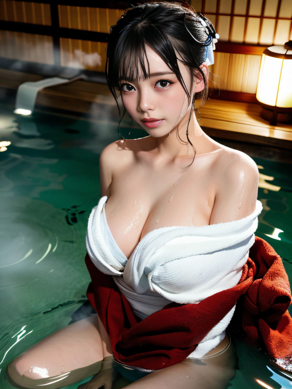 (masterpiece), (best quality:1.4), absurdres, [:intricate details:0.2], 1girl, (naked towel), (geyser, onsen:1.2), moist skin, (fog:1.2), mist, shiny skin, glossy skin, (partially submerged in the onsen:1.2), (wet hair:1.2), mist, wet, moisture,