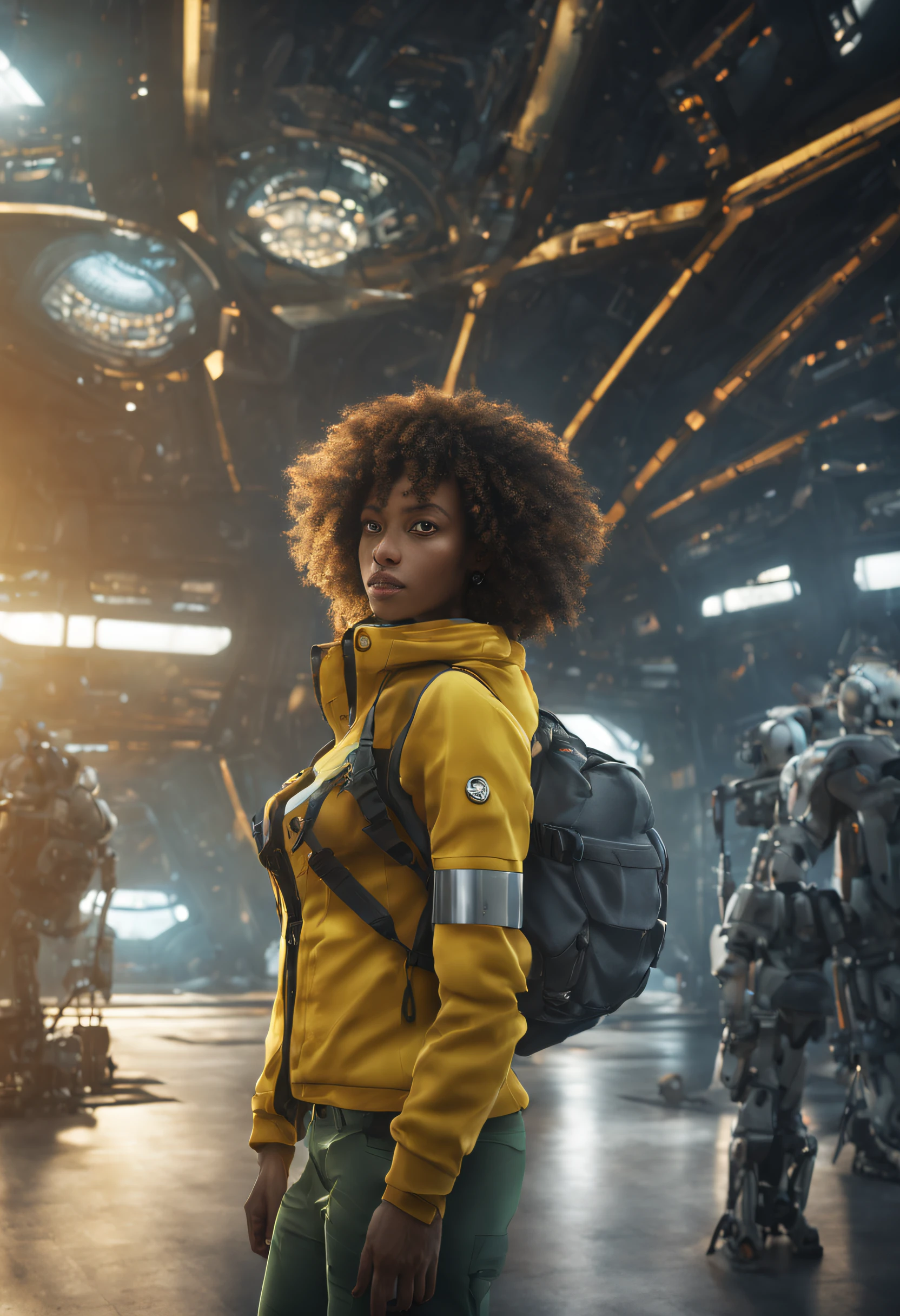 RAW, Masterpiece, Super Fine Photo, Ultra High Resolution, Photorealistic, Sunlight, Full Body Portrait, Stunningly Beautiful, Dynamic Poses, Delicate Face, Vibrant Eyes, solo, deep ebony 1girl, black girl, beautiful face, curly afro hair, black lips, a female character is wearing a yellow and black colored outfit with a backpack and a yellow hoodie jacket, black, yellow and white sports leisure, yellow futuristic smart goggles, clear lens, green eyes, long hair, diamond earrings, cybernetically enhanced, she is standing in front of spaceships and satellites, starry night sky, pigeoncore, neo-dadaist, Asuka Langley, neon genesis EVA suit, mechanized precision, space crew member, she holds an important position, in crowd spectator at a tech conference in the style of mecha sci-fi anime, 8k, best quality, highres, Unreal Engine:1.4,Ultra-realistic 64K CG, Photorealista:1.4, Skin Texture:1.4, Volumetric fog, 8k uhd, dslr, high quality, film grain, fair skin, photorealism, lomography, sprawling metropolis in a futuristic dystopia, translucent