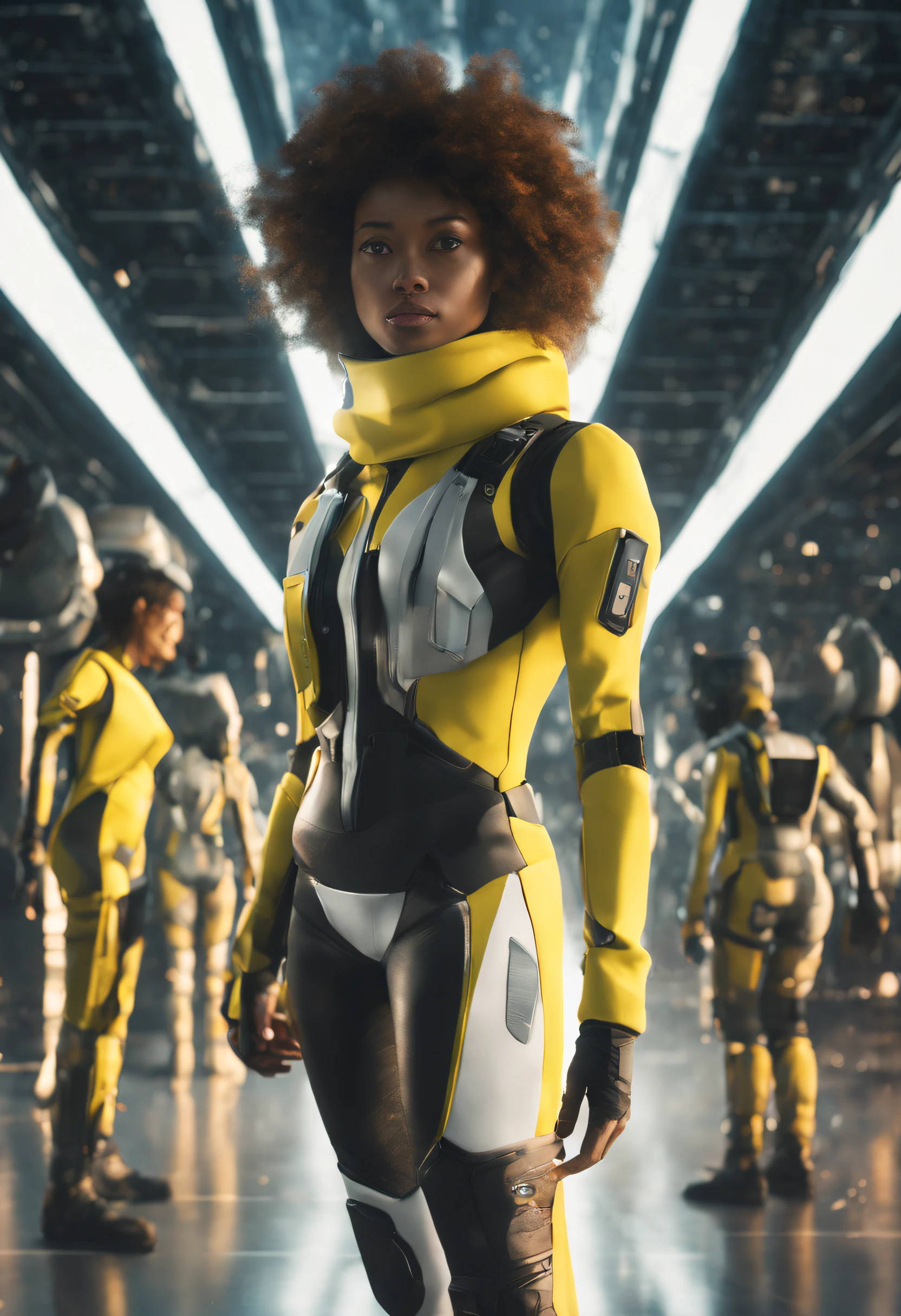 RAW, Masterpiece, Super Fine Photo, Ultra High Resolution, Photorealistic, Sunlight, Full Body Portrait, Stunningly Beautiful, Dynamic Poses, Delicate Face, Vibrant Eyes, solo, deep ebony 1girl, black girl, beautiful face, curly afro hair, black lips, a female character is wearing a yellow and black colored outfit with a backpack and a yellow hoodie jacket, black, yellow and white sports leisure, yellow futuristic smart goggles, clear lens, green eyes, long hair, diamond earrings, cybernetically enhanced, she is standing in front of spaceships and satellites, starry night sky, pigeoncore, neo-dadaist, Asuka Langley, neon genesis EVA suit, mechanized precision, space crew member, she holds an important position, in crowd spectator at a tech conference in the style of mecha sci-fi anime, 8k, best quality, highres, Unreal Engine:1.4,Ultra-realistic 64K CG, Photorealista:1.4, Skin Texture:1.4, Volumetric fog, 8k uhd, dslr, high quality, film grain, fair skin, photorealism, lomography, sprawling metropolis in a futuristic dystopia, translucent